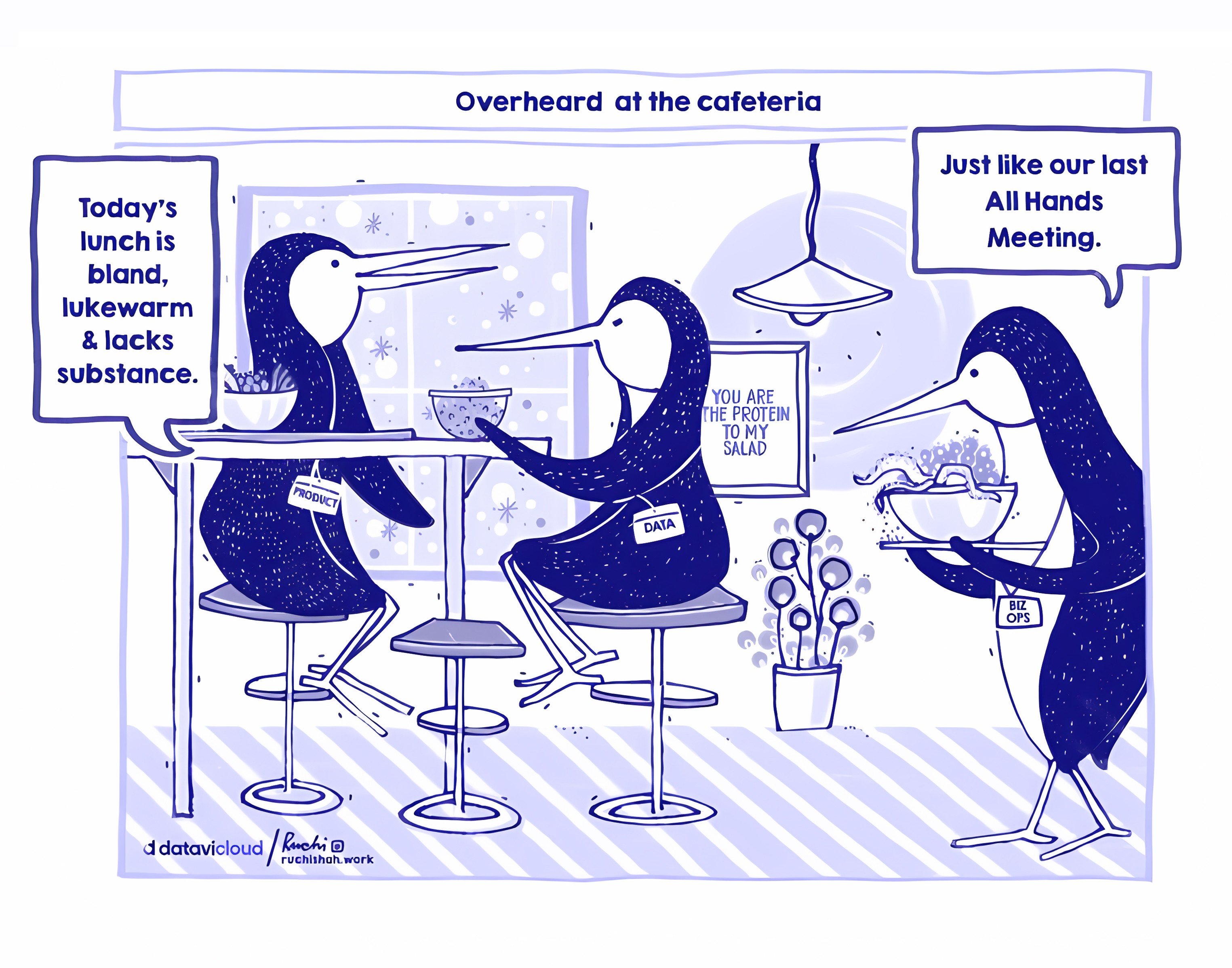 Alt-Text:  A blue-and-white satirical business illustration by Datavic Cloud titled "Overheard at the cafeteria." Two data penguins are seated at a table while a third walks by with a tray. One penguin remarks, "Today’s lunch is bland, lukewarm, and lacks substance," to which the other replies, "Just like our last All Hands Meeting." This image satirizes the lack of transparency in corporate communication and the need for a more substantive organizational OS.