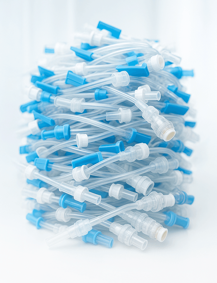 arge pile of disposable blue and white surgical masks stacked on top of each other, illustrating the problem of medical waste in the healthcare system