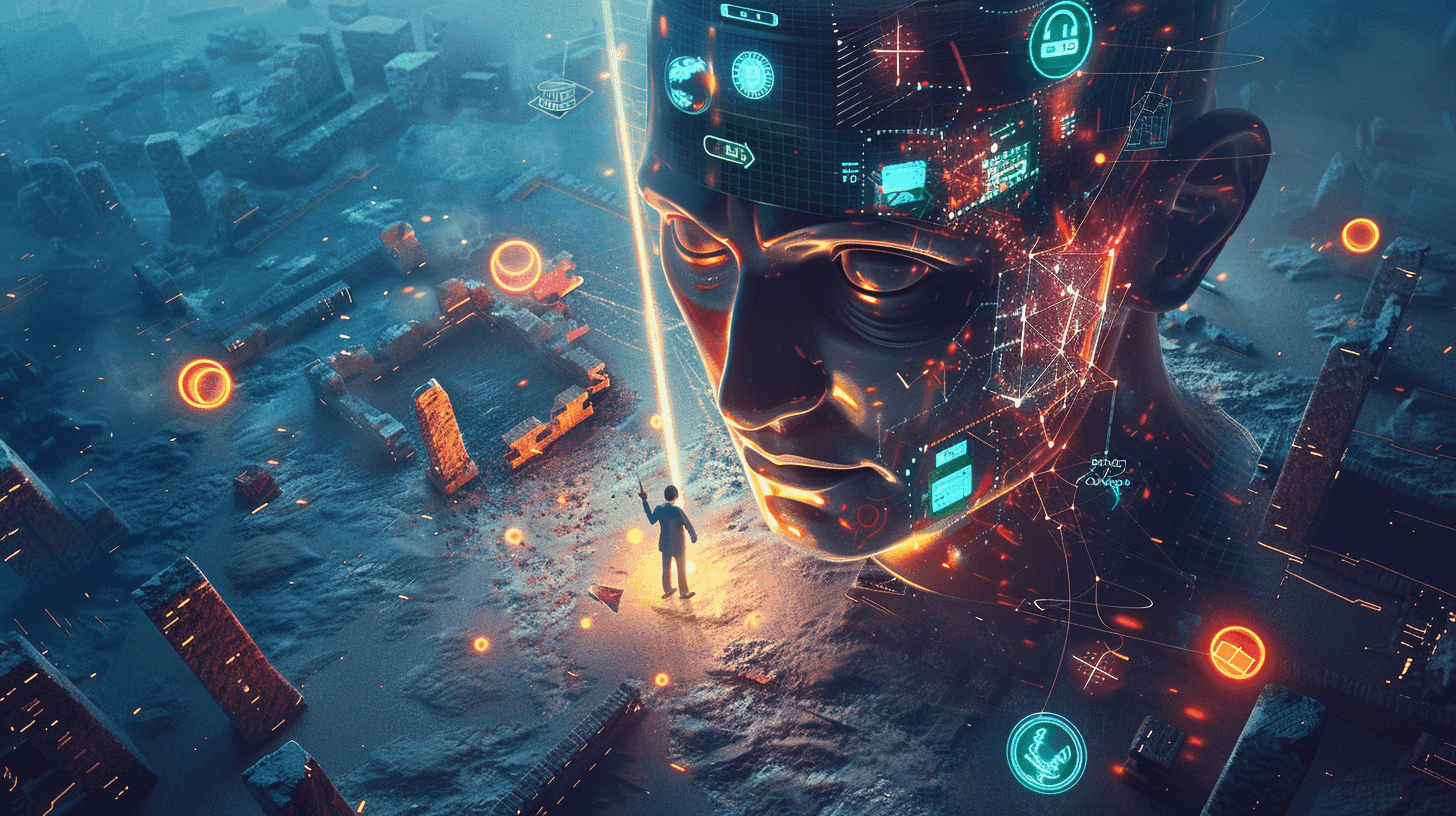 A cinematic, hyper-realistic visual metaphor of a modern-day David figure a small, sharp-dressed solo entrepreneur standing confidently at the edge of a corporate battlefield. Across from him looms a towering Goliath figure made of glass, metal, and logos representing a faceless mega-brand. The entrepreneur holds no weapons, just a slingshot made of insight firing a beam of glowing light toward a weak point in the giant’s armor. Around them are visual cues of psychological triggers: glowing orbs representing trust, emotion, authority, scarcity, and story orbiting around the smaller figure. The setting is a symbolic landscape blending classical battlefields with modern tech aesthetics sleek, emotionally rich lighting, with dramatic contrast between vulnerability and power.