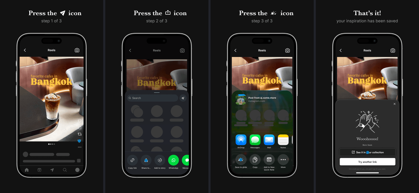 The image shows the steps involved in sharing any Instagram / TikTok/ reddit / website content with glide. The steps are simple, share the "dm" icon, then select the "share to" icon, scroll down and select "glide" from the share sheet (you might have to pin glide to your share sheet depending on the OS you are using) - that's it! Click glide and you are one stop closer to actually making use of your content&nbsp;:)