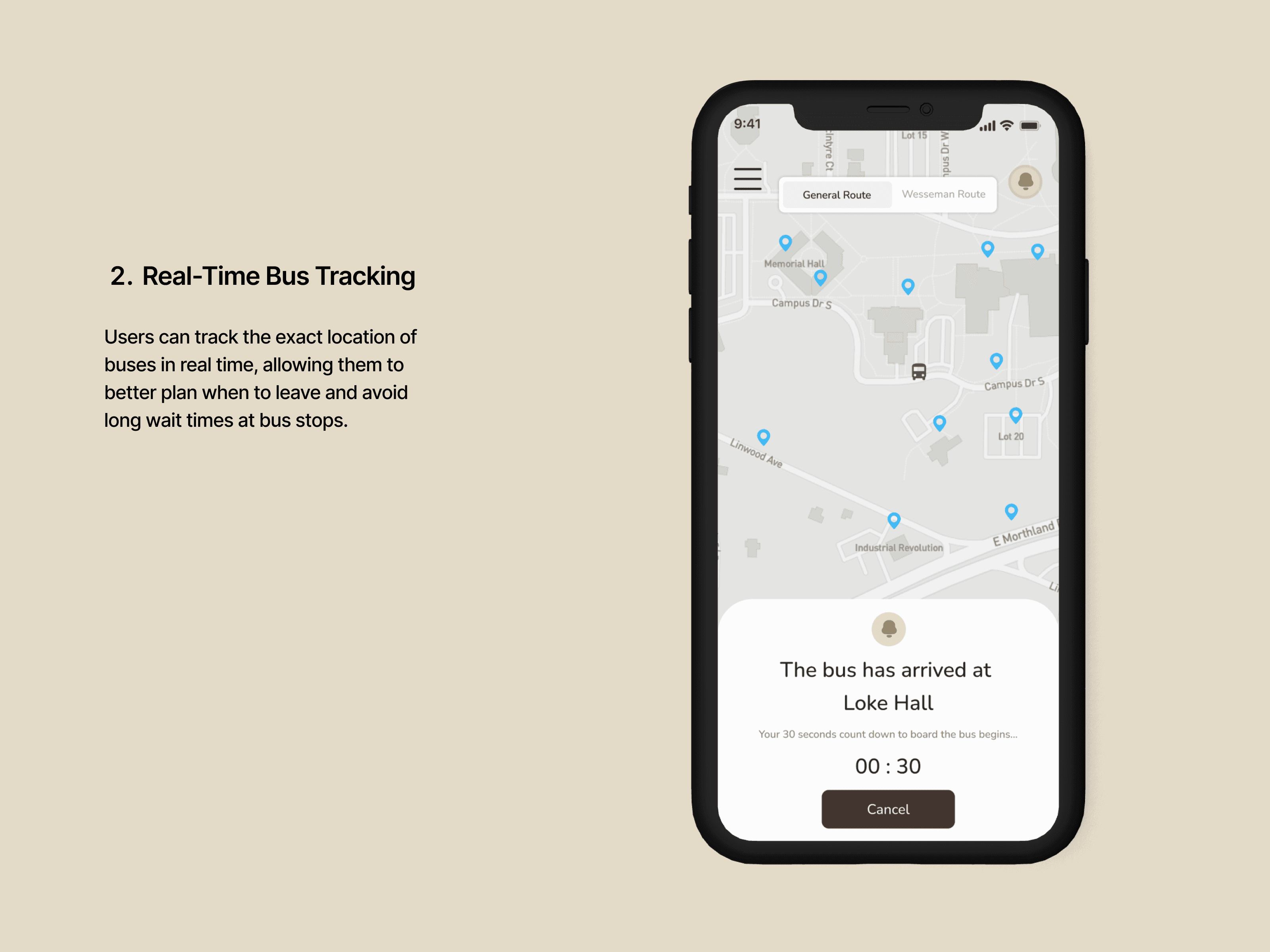 A mobile phone displaying a real-time bus tracking app interface, featuring a map with bus stops marked and a notification about the bus's arrival, alongside informational text on the left, illustrating effective UI/UX design for enhanced user experience.