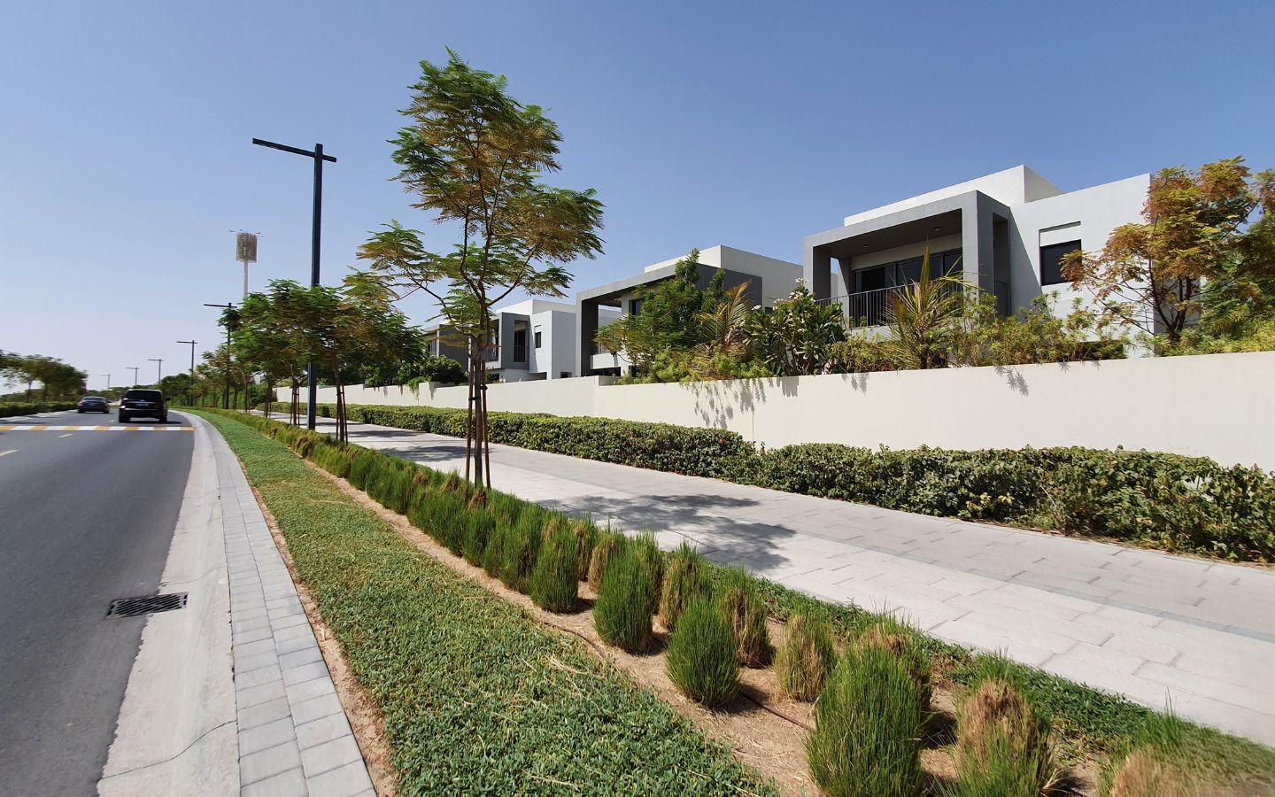 Contemporary homes in Dubai Hills Estate with clean lines, landscaped sidewalks, and sunny skies on a quiet street.