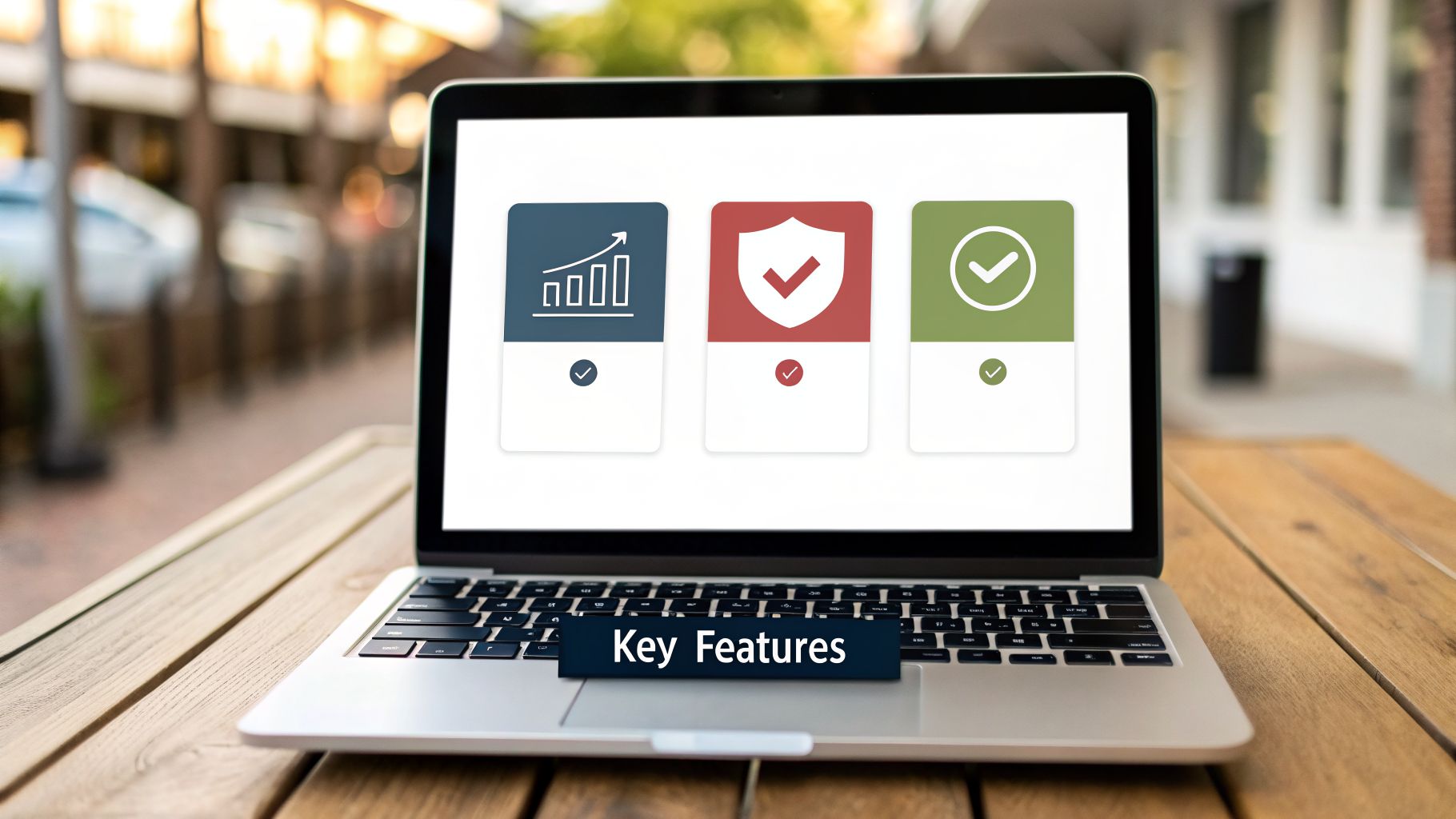Laptop on a wooden table displaying 'Key Features' with icons for growth, security, and success.