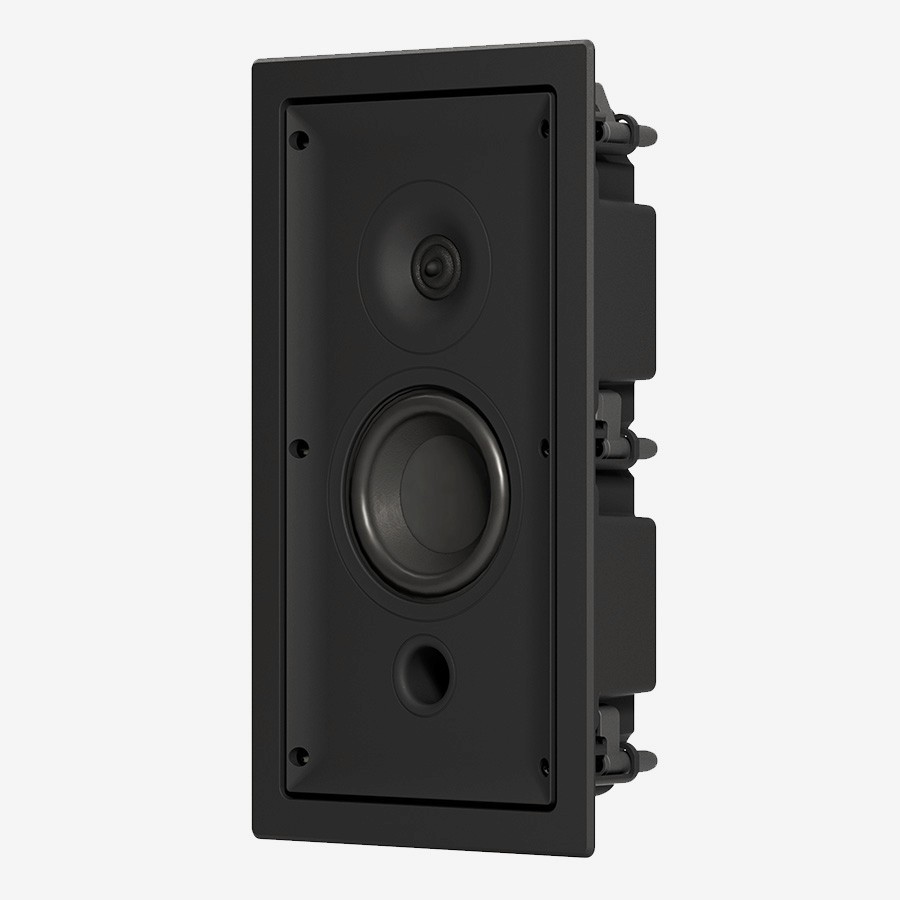 Black in-wall speaker with tweeter and woofer