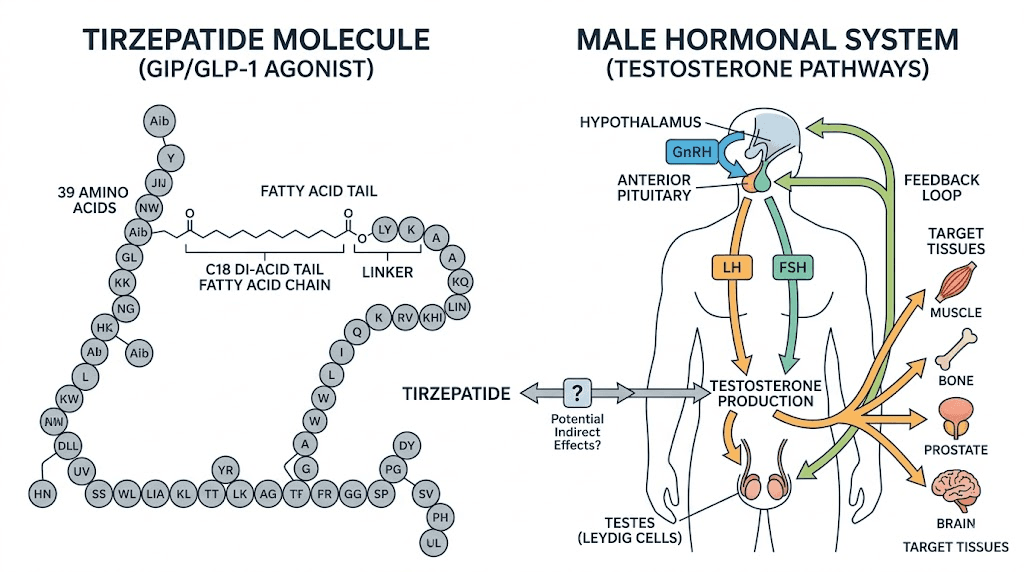Tirzepatide and male hormonal system testosterone pathways illustration