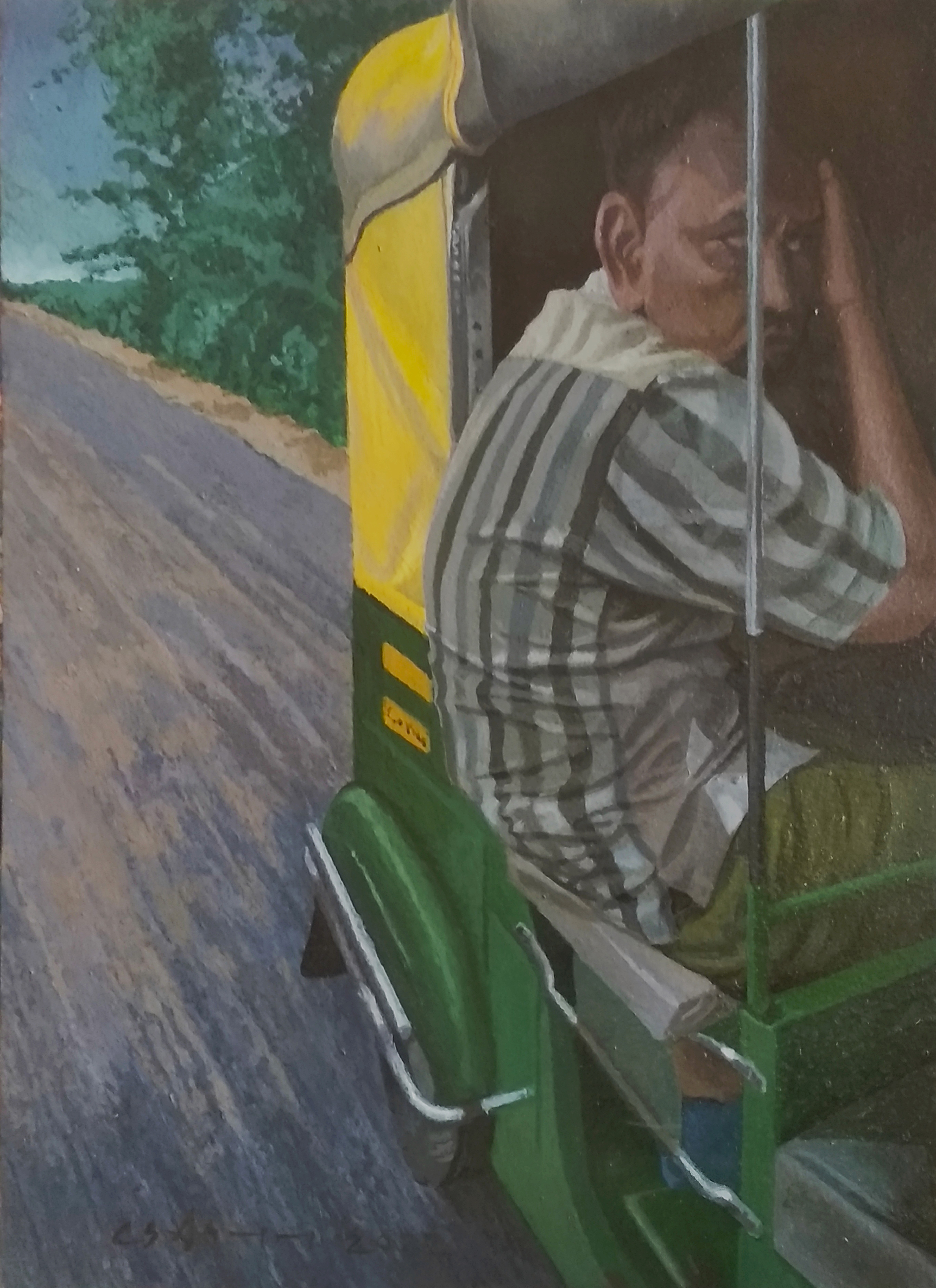 herd of sheep on road painting