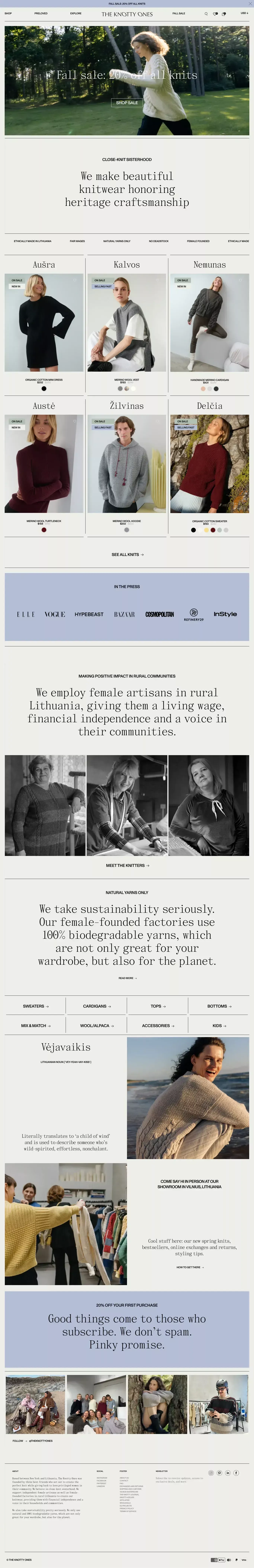 The Knotty Ones: Sustainable Knitwear Ha ecommerce page screenshot showcasing Fashion and Ecommerce design