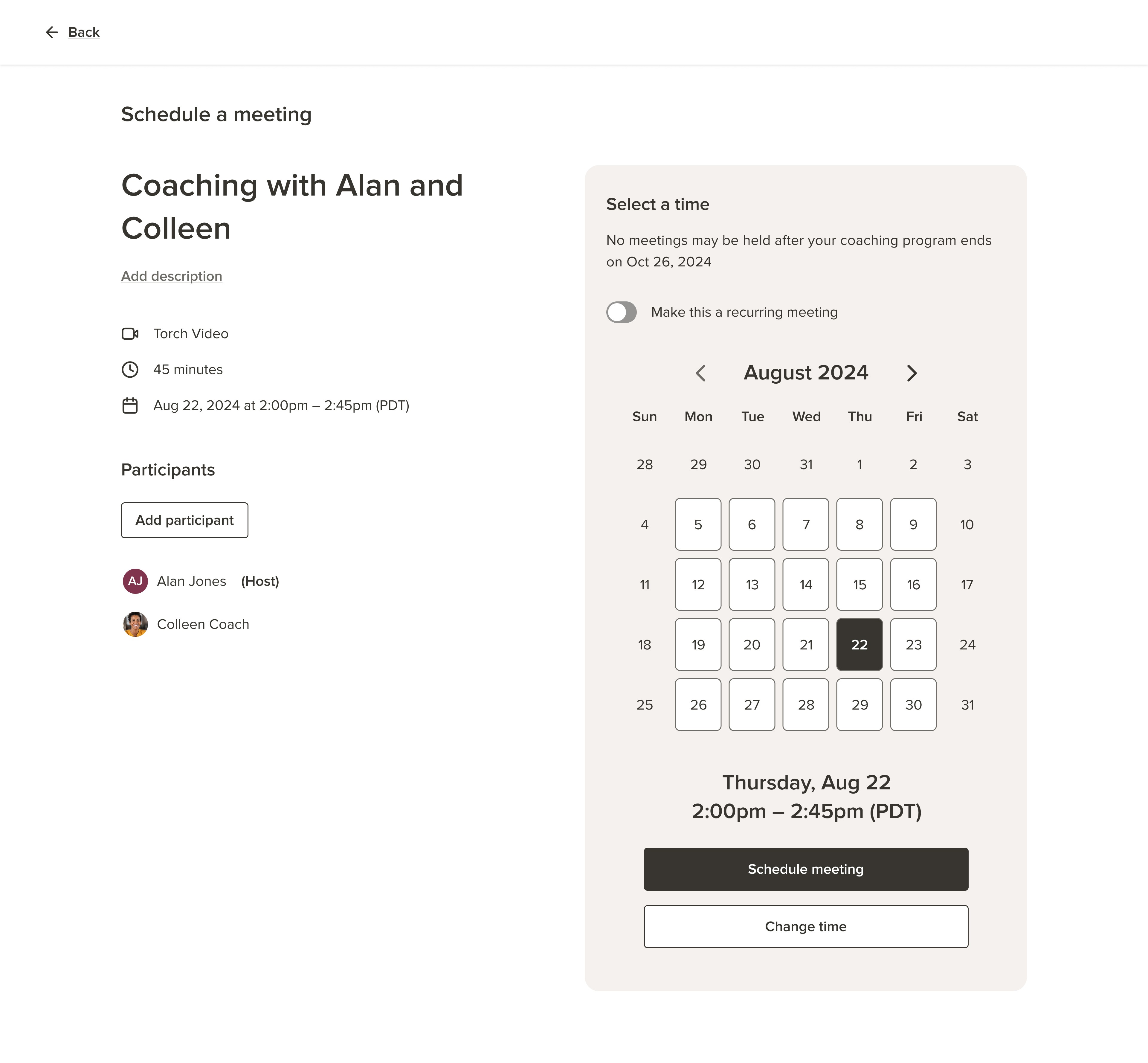 Desktop screen showing scheduling interface from Torch redesign, highlighting simplified user experience.