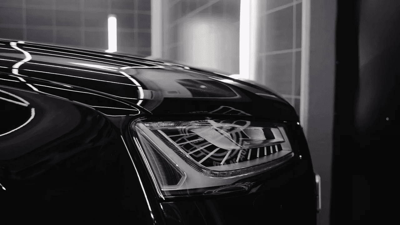 a man waxing a car in a garage