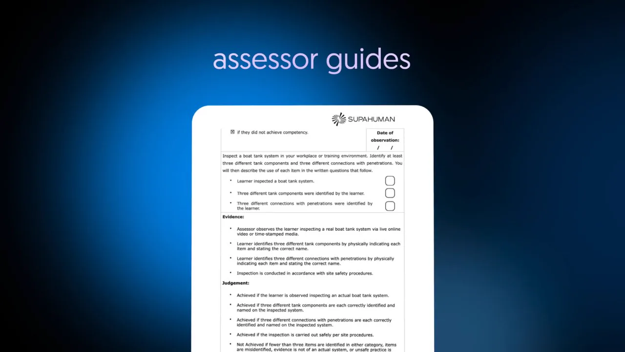 An assessor guide page rises out of a deep blue glow under the words assessor guides