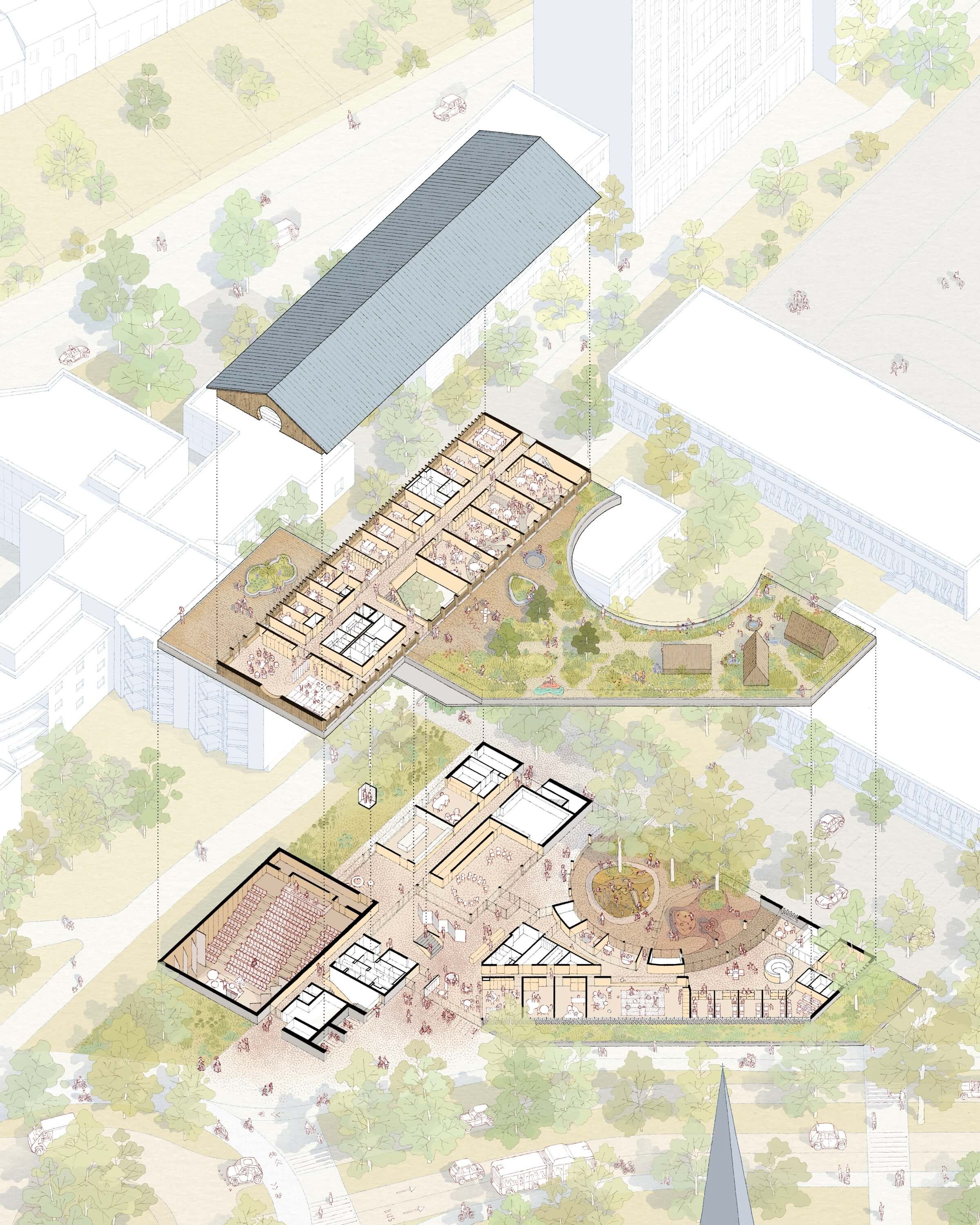 Aerial view of a modern architectural layout featuring various buildings and landscaped areas in soft colors.