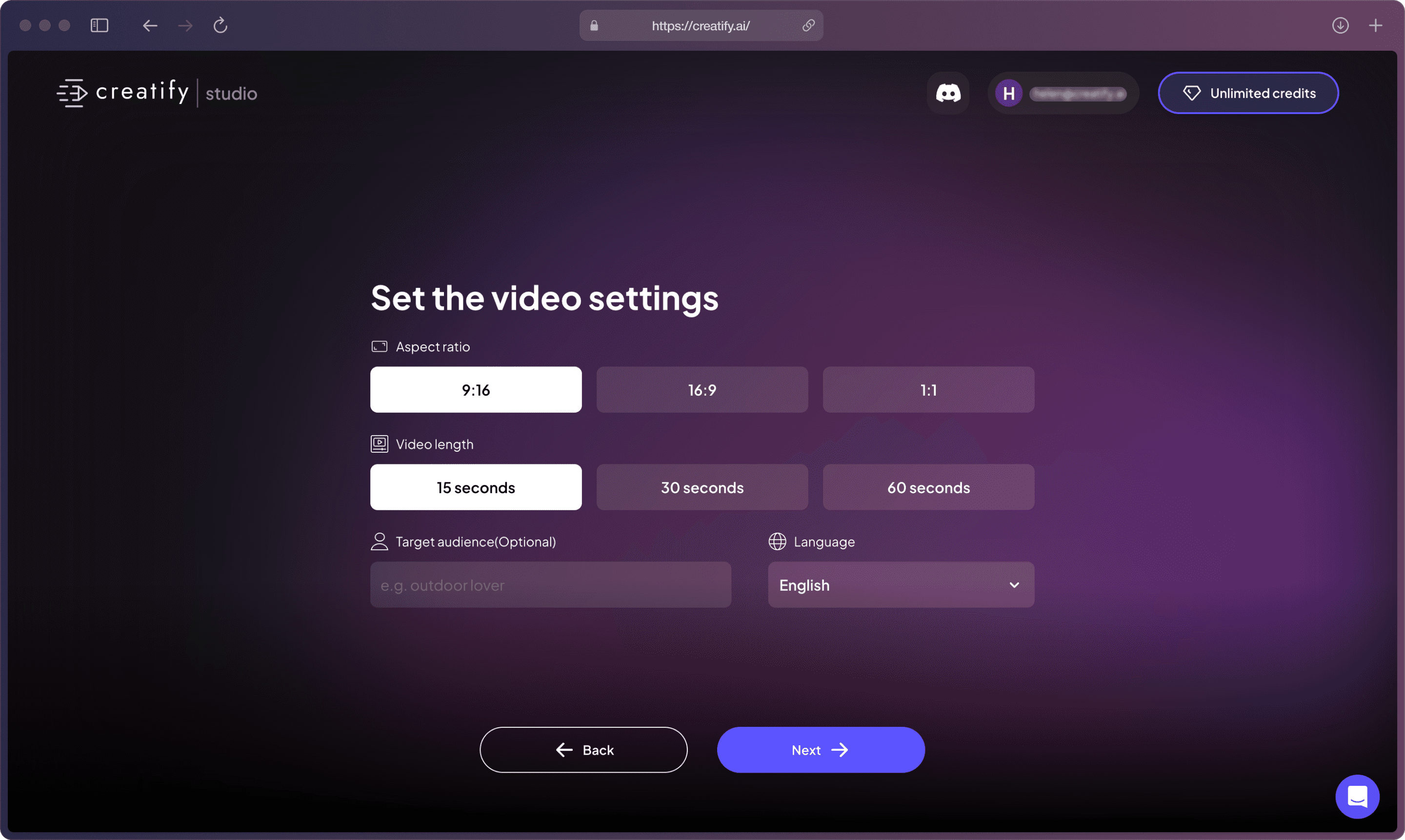 A screenshot of Creatify AI app on the “Video settings” page with options to adjust like aspect ratio, video length, target audience, and language.