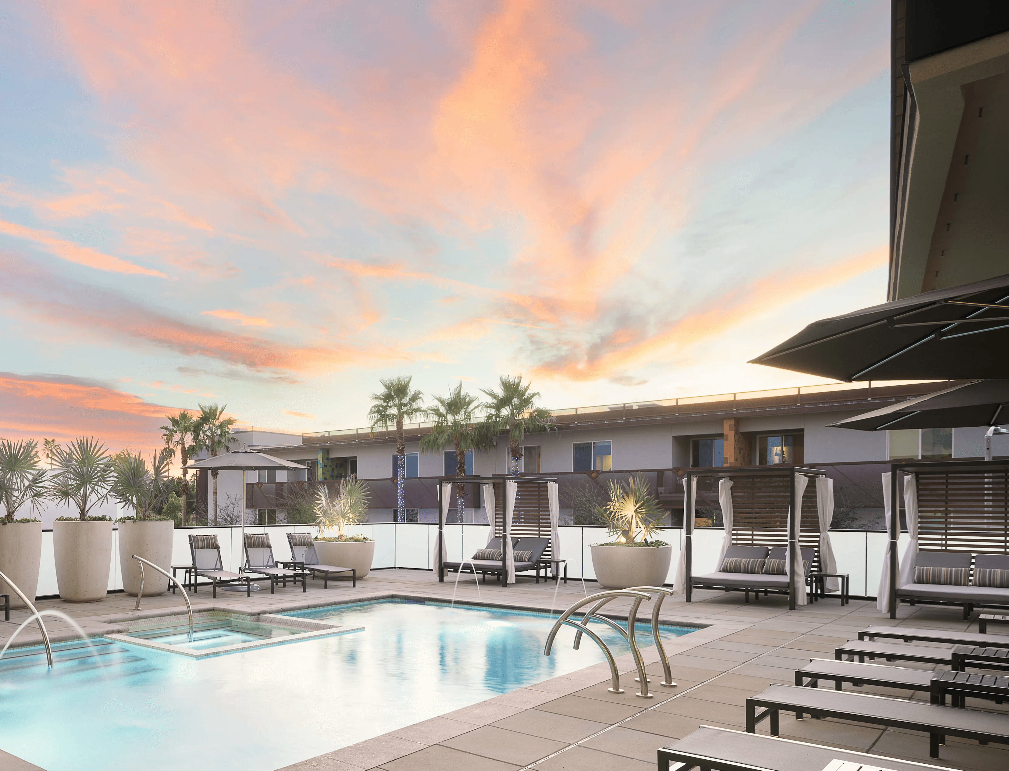 Scottsdale on Main pool and cabanas at sunset.