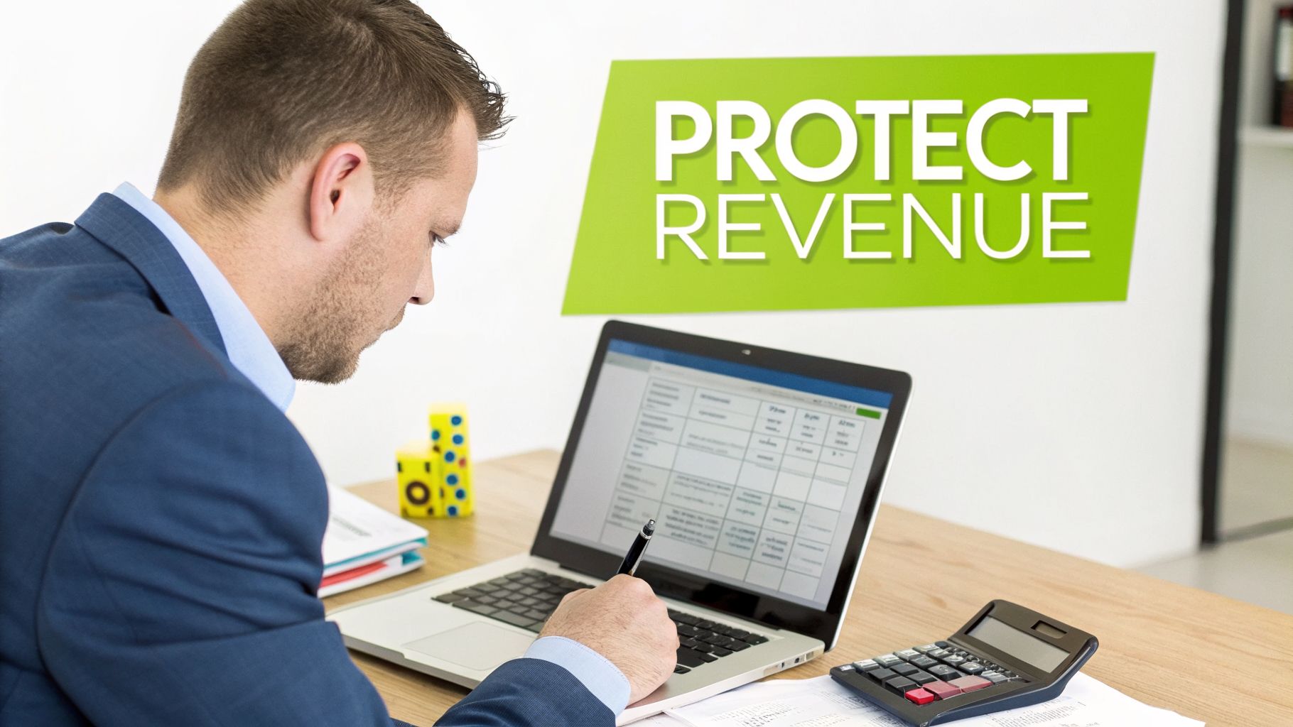 Businessman analyzing data on a laptop and calculator with a 'PROTECT REVENUE' sign.