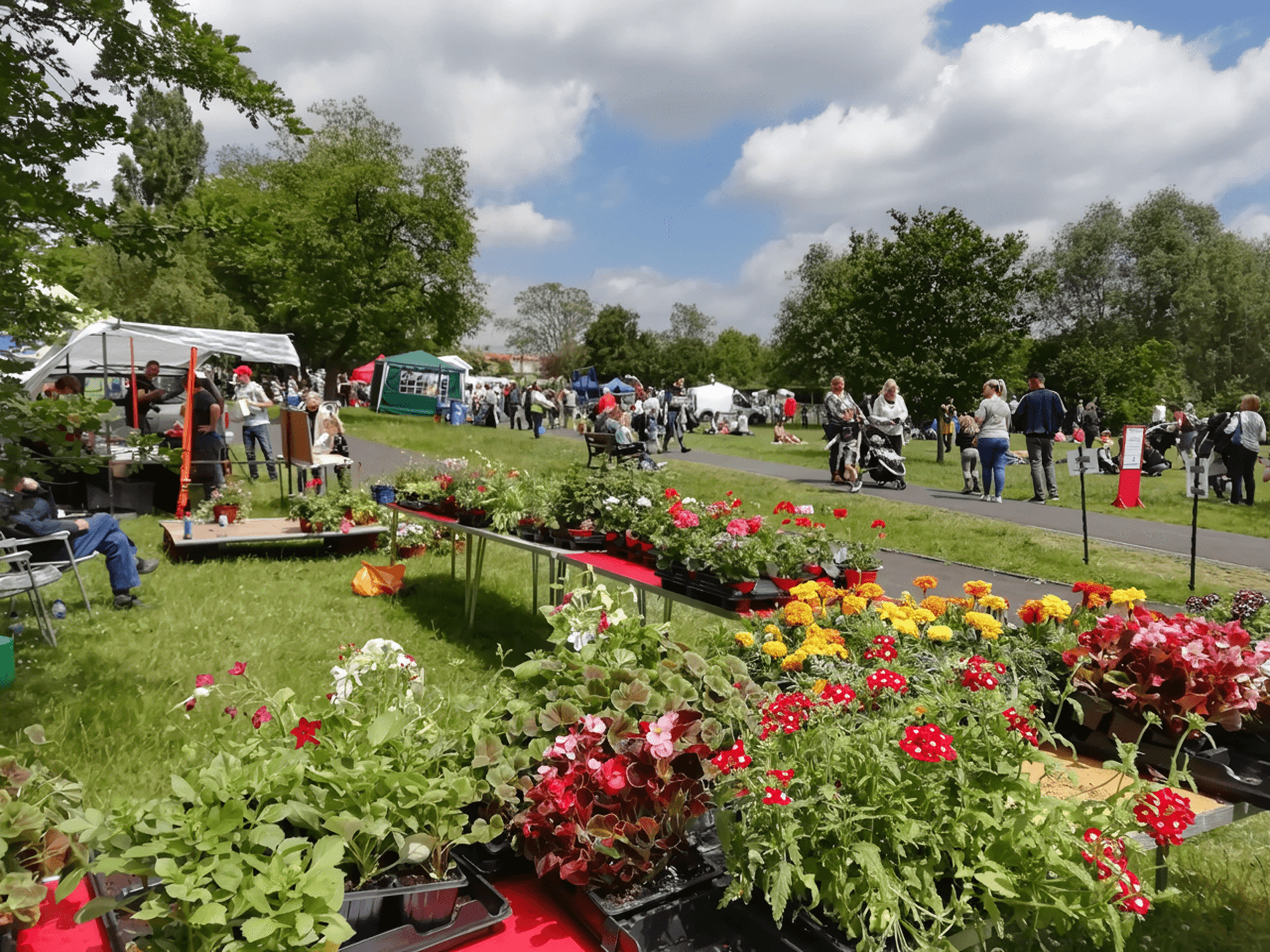 A vibrant flower market in a park, with colorful blooms and people browsing under a blue sky with fluffy clouds.