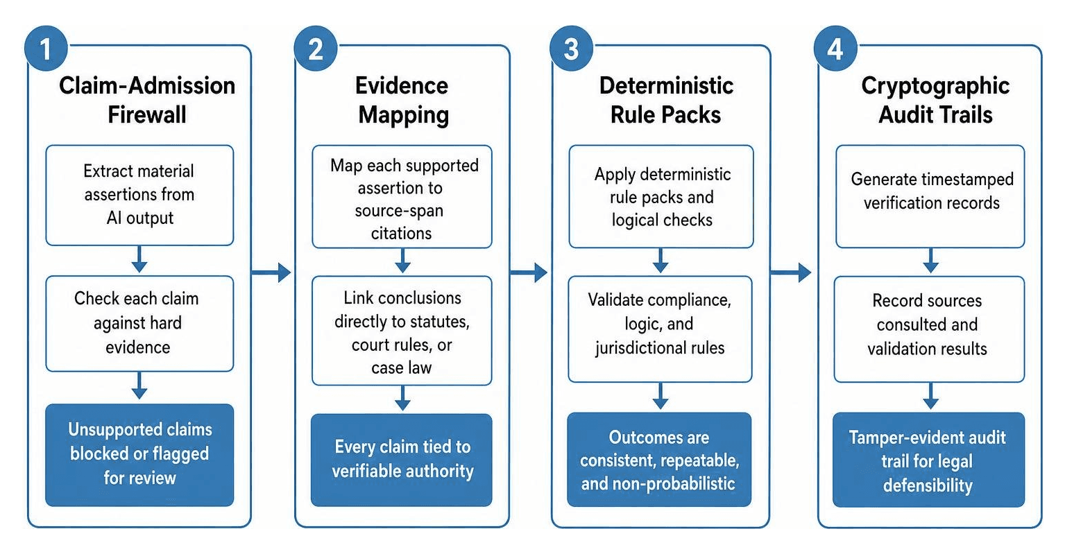 A step-by-step flowchart of the verification and validation process for legal AI outputs