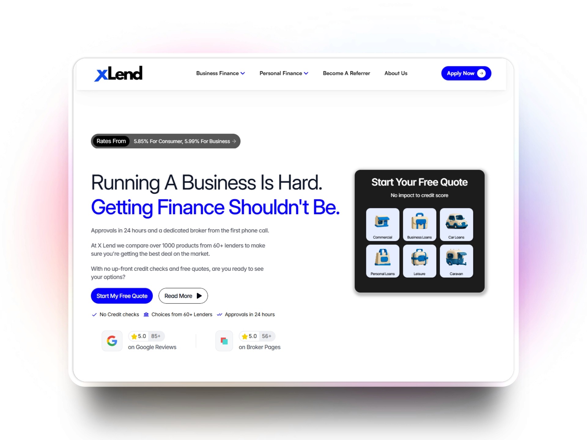 A mockup of the Hero Section of the xLend website
