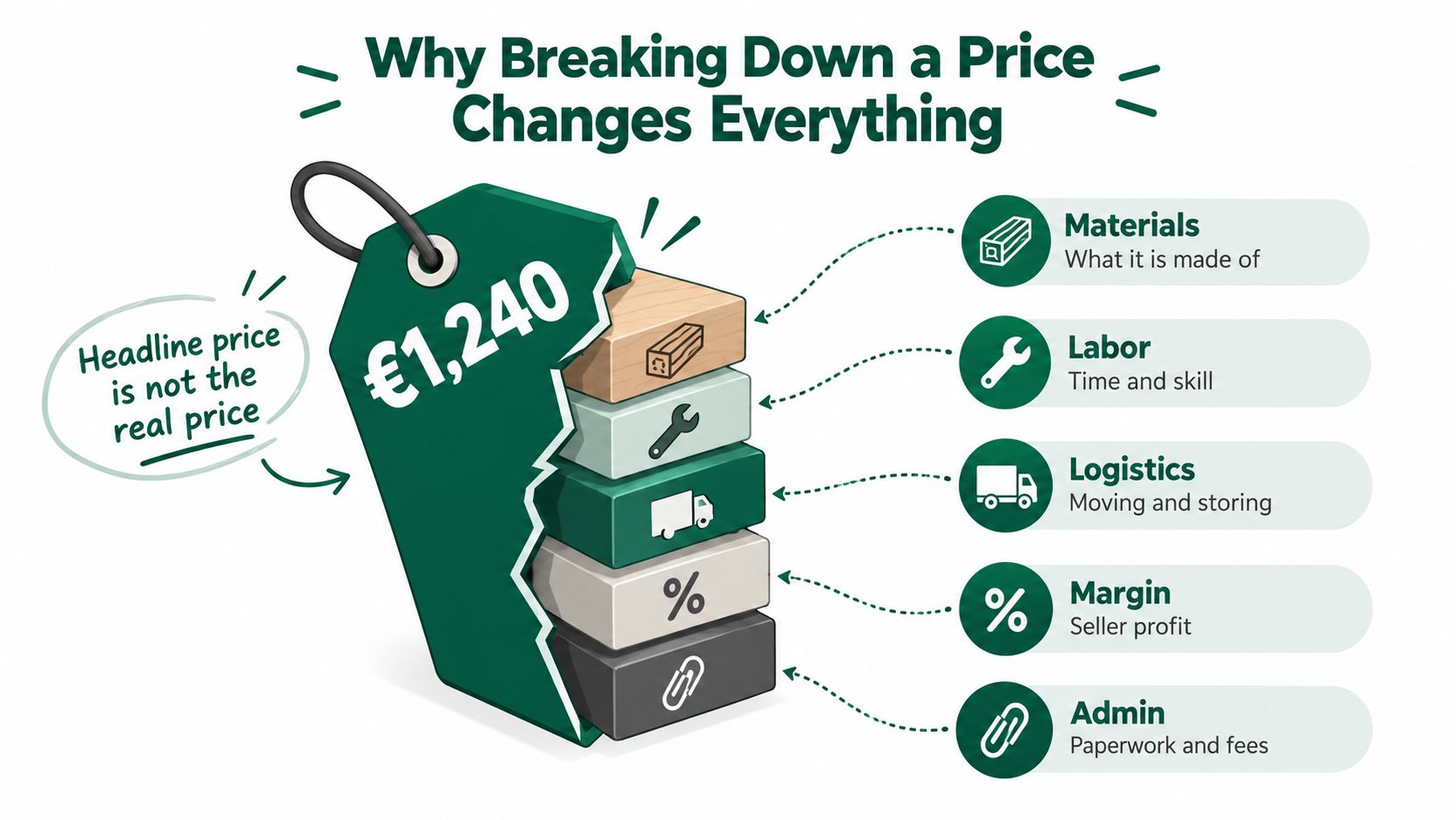 An infographic showing a price tag of 1,240 Euro broken down into five distinct cost components.