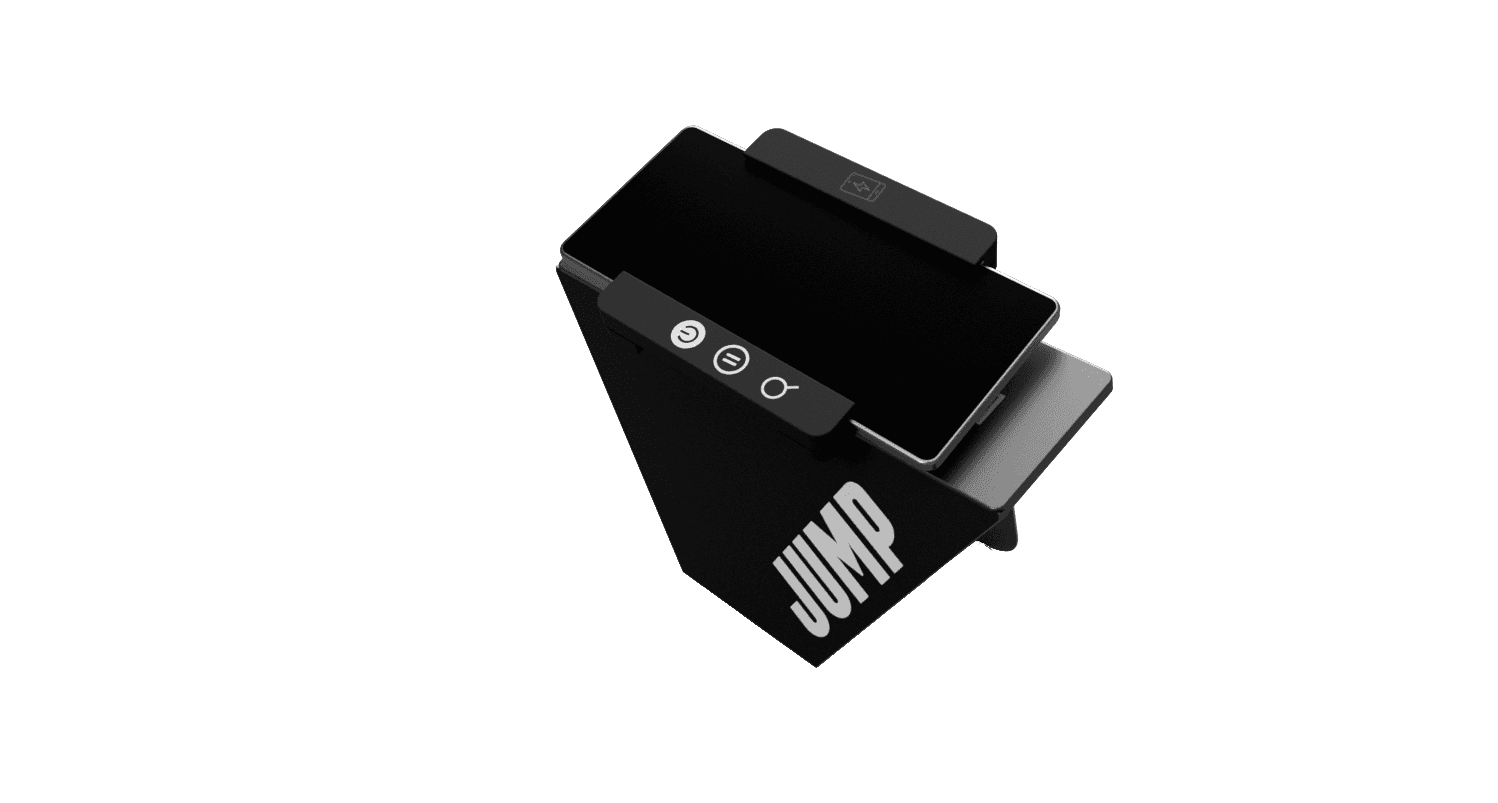 The console without a phone: the rotating mount, three lit buttons and the charging pad