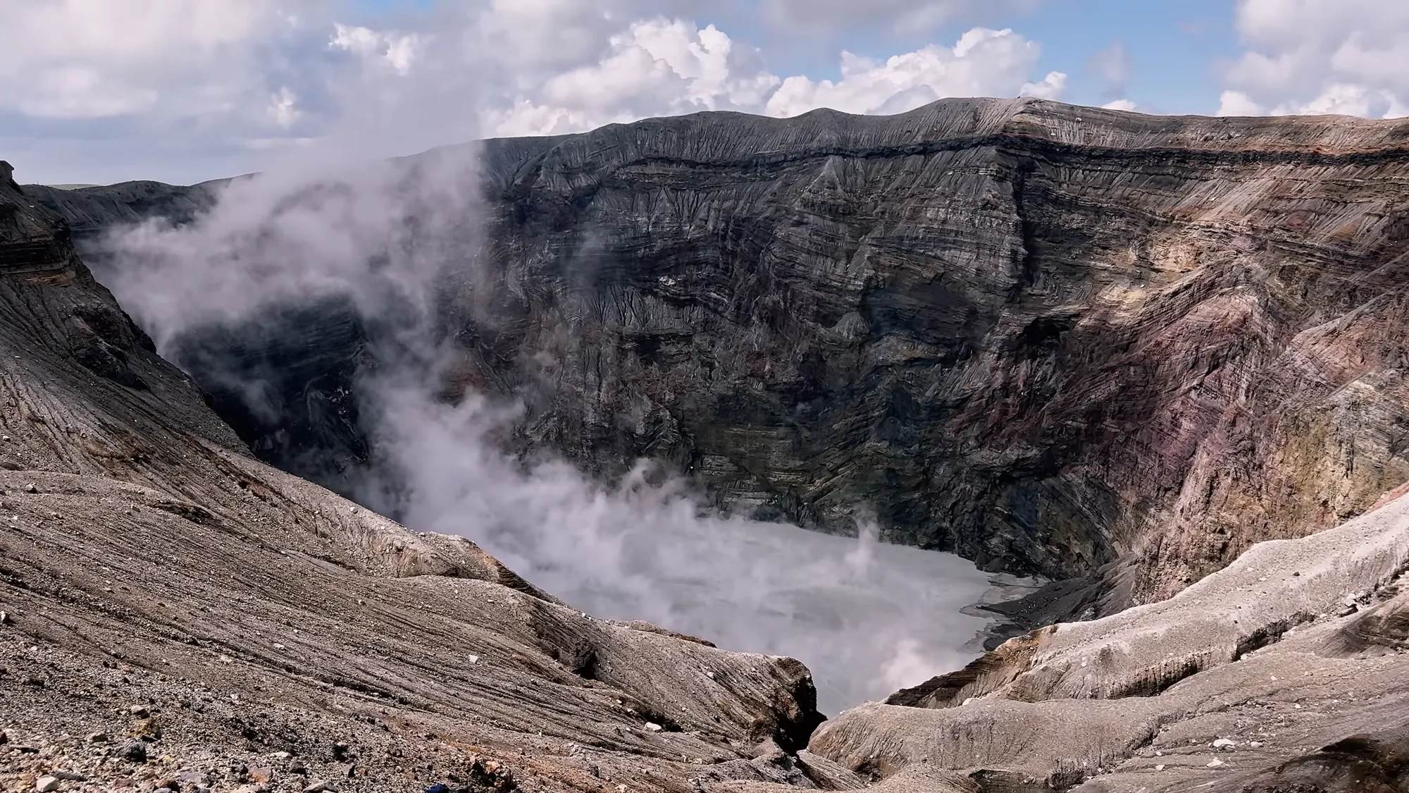 Steam rising from the Aso crater, a half-day from Kurokawa Onsen