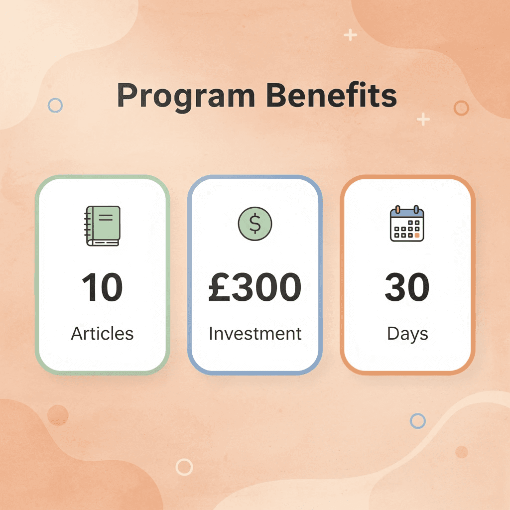 Key metrics showing 10 articles, £300 investment, and 30-day timeframe