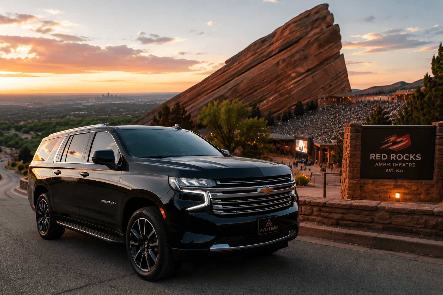 Avo Limo luxury SUV at Red Rocks Amphitheatre, representing private transportation from Denver for concerts and special events.