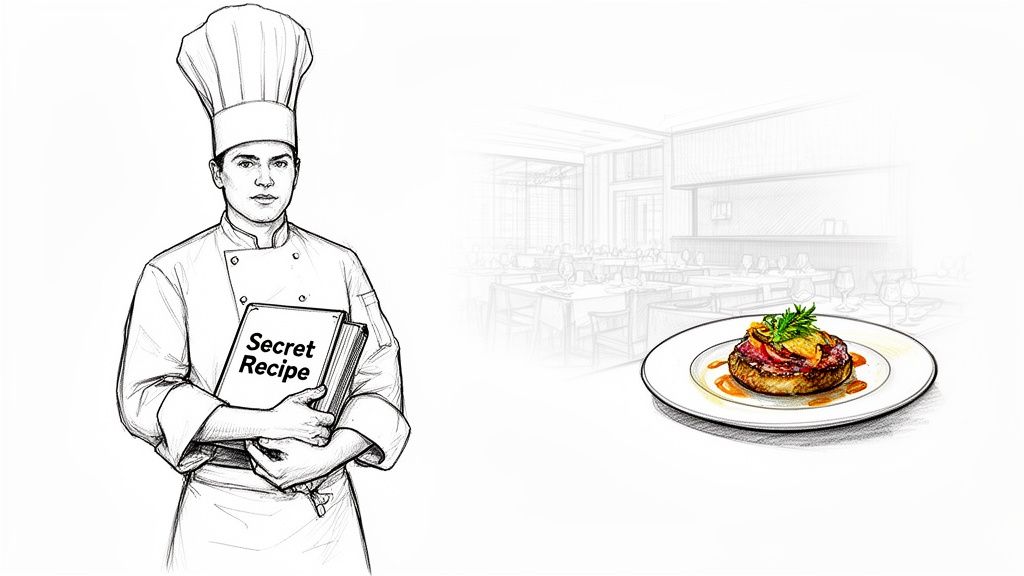 A sketch of a chef holding a 'Secret Recipe' book, with a gourmet dish and restaurant.