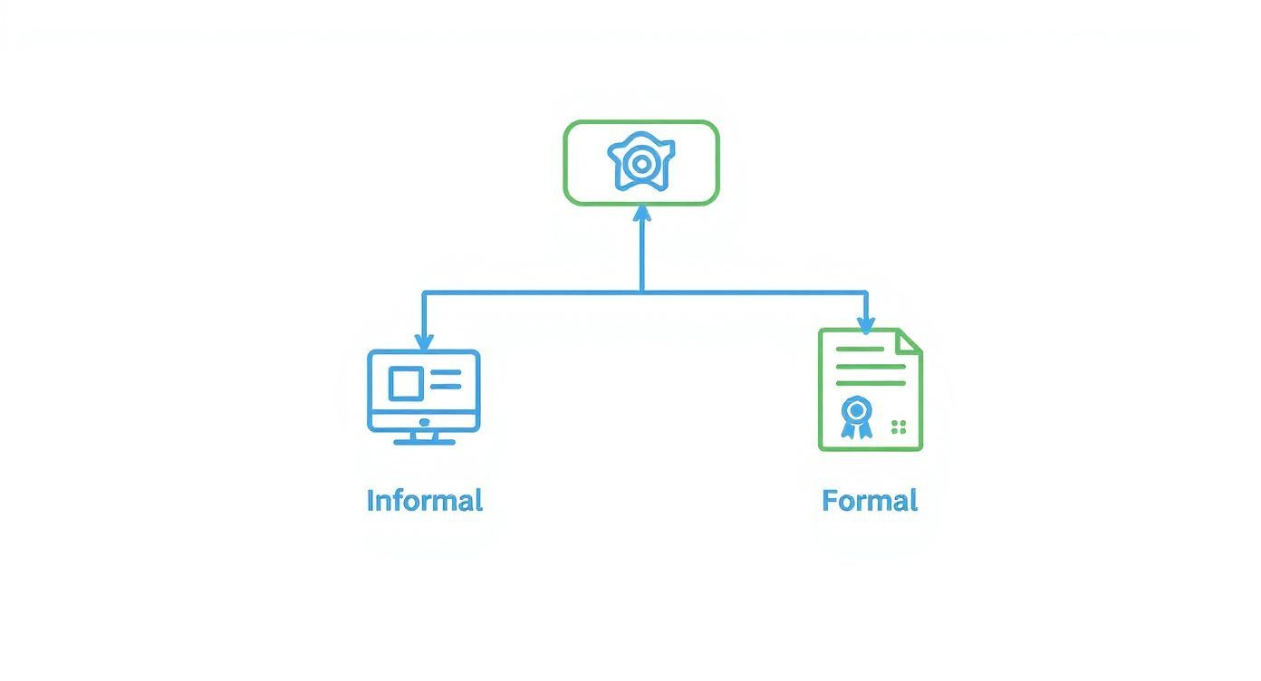 Infographic decision tree showing the two paths for dyslexia testing: an informal screener and a formal evaluation.