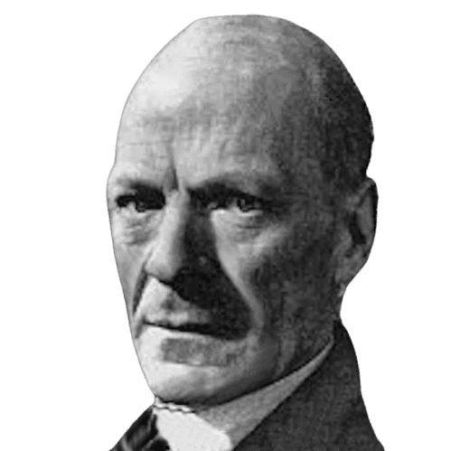 Black and white portrait of a bald man with a serious expression and sharp facial features. He is dressed in formal attire, with a high-collared shirt and jacket. His intense gaze and shadowed face convey a stern and resolute character.