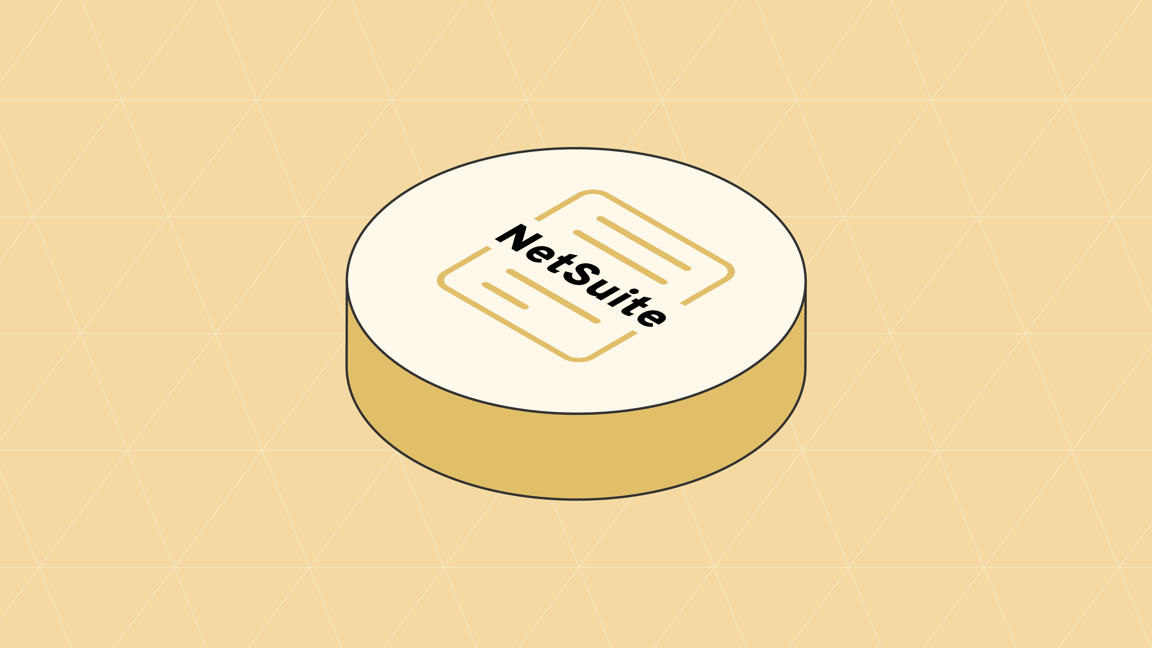 Golden circular icon with NetSuite text and document symbol on beige diamond-pattern background, representing EDI integration for supply chain efficiency.