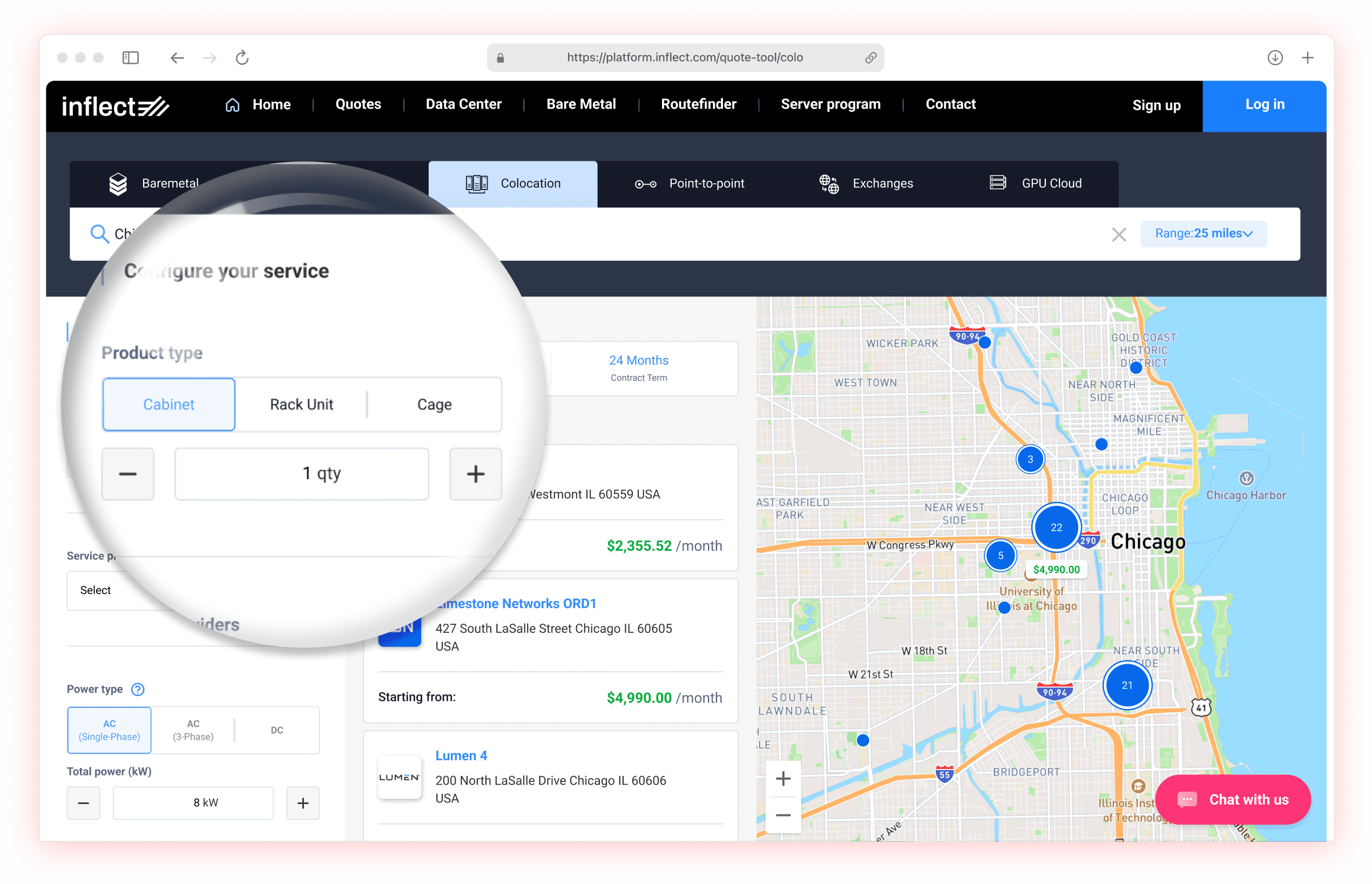 A zoom in view of the configurator for colocation on inflect.com
