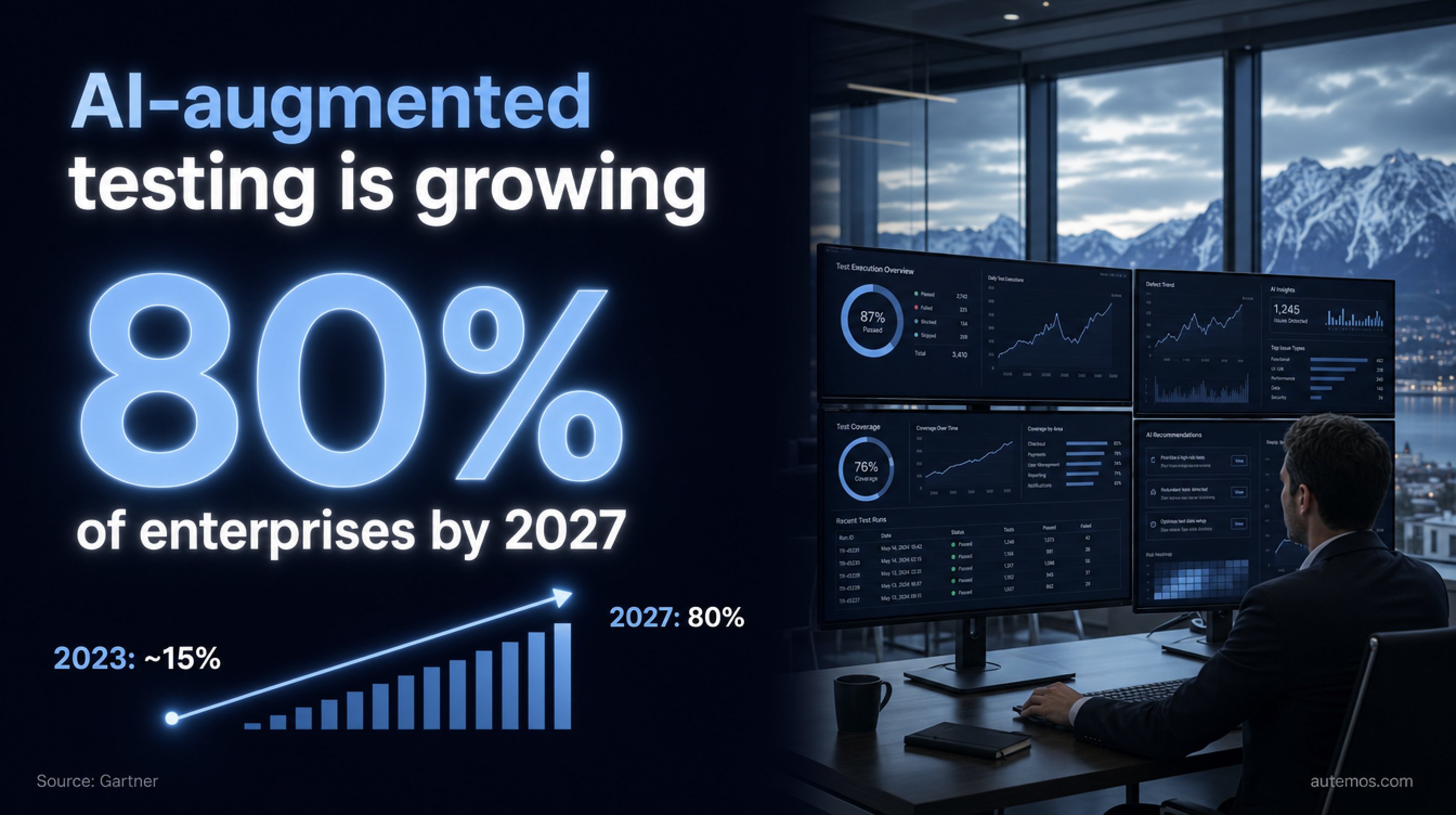 Statistic: 80 percent of enterprises will use AI-augmented testing tools by 2027, up from around 15 percent in 2023 (Source: Gartner).