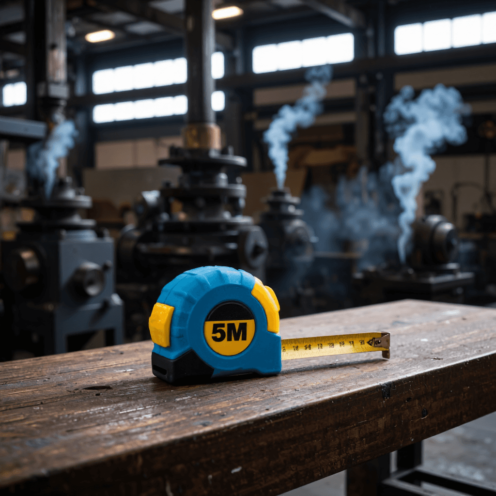 product photography of a tape measure, used for measuring lengths up to 5 meters, featuring a blue and yellow design