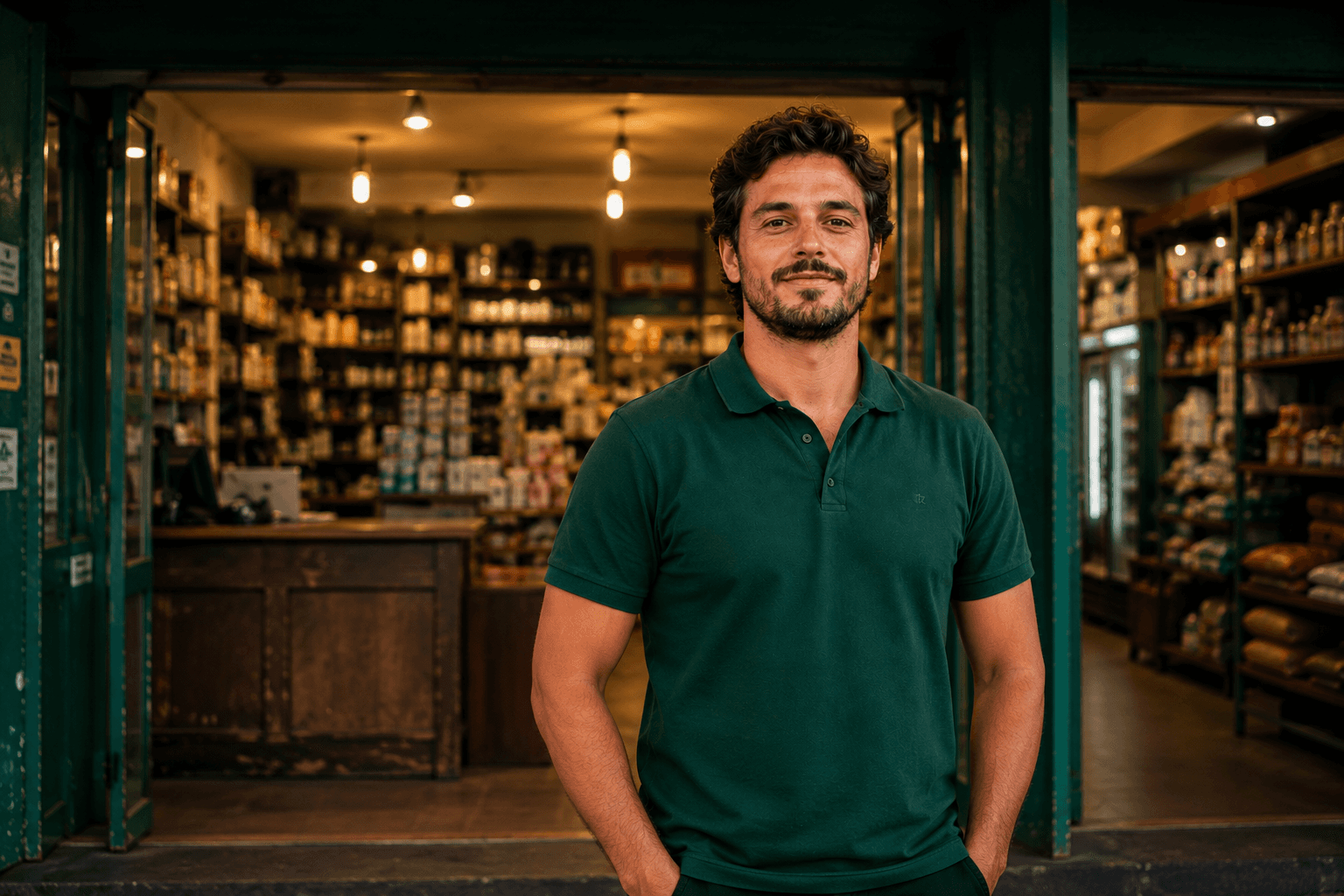 Jovem sucessor de empresa familiar na porta da loja em Uberlândia, símbolo da profissionalização do marketing digital