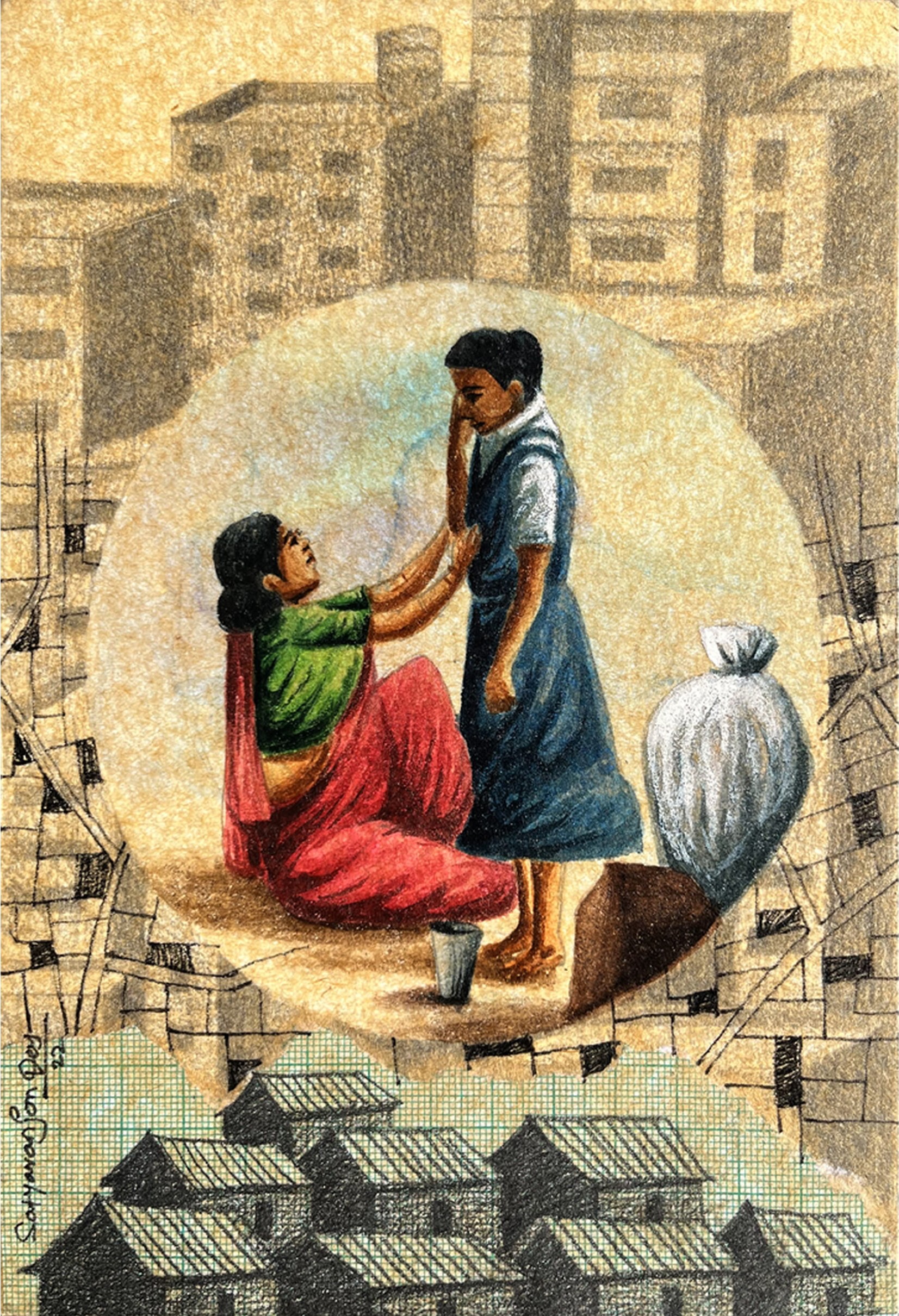 herd of sheep on road painting