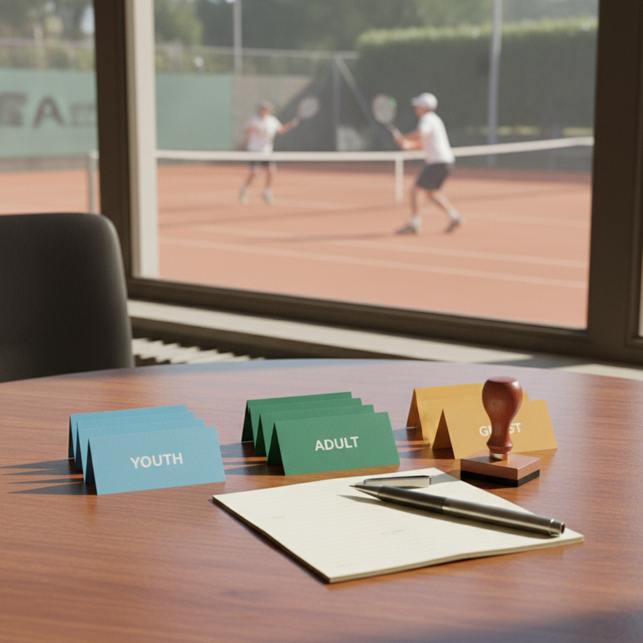 Auf einem Holztisch im Vereinsbüro liegen geordnete Mitgliedsausweise in verschiedenen Farben für Jugend, Erwachsene und Gäste. Daneben ein Vereinsstempel und ein kleiner Notizblock. Durch das Fenster sind Schläge vom Platz zu hören, die Atmosphäre wirkt strukturiert und ruhig.