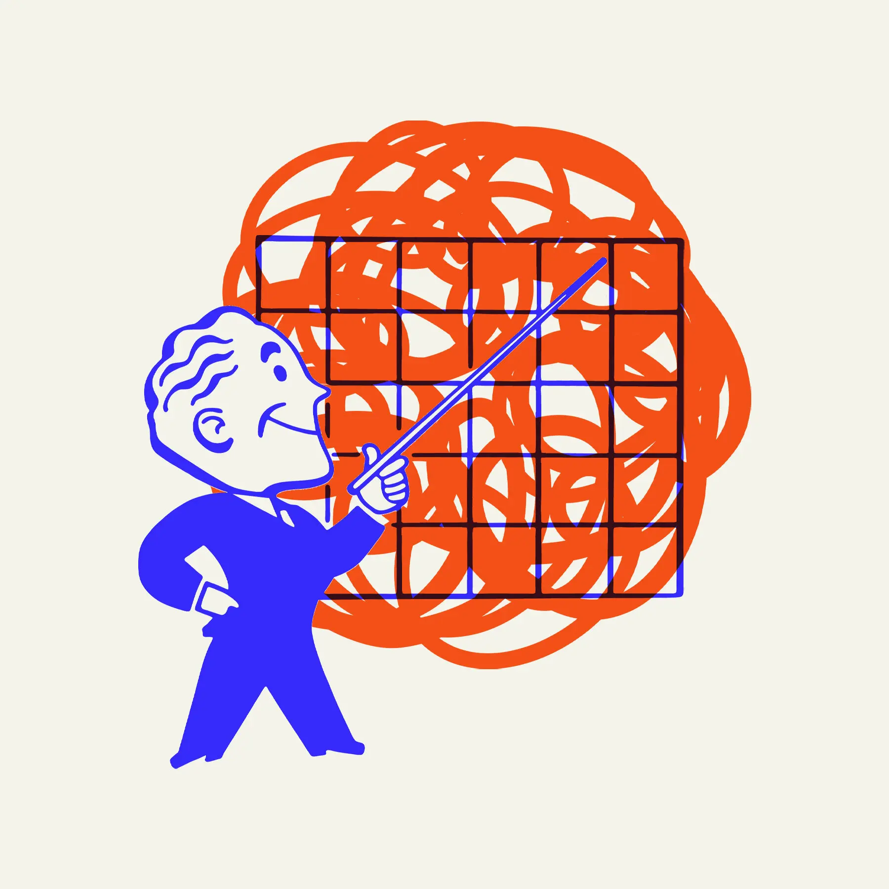 Lecturer pointing at a chaotic illustration