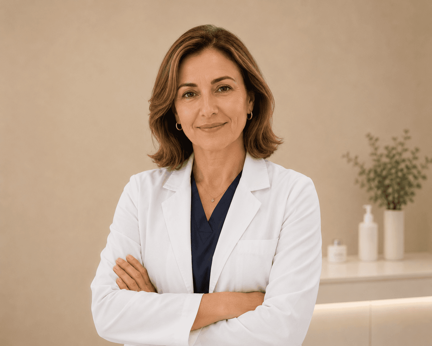 Smiling female healthcare professional with arms crossed, wearing a white lab coat and scrubs.