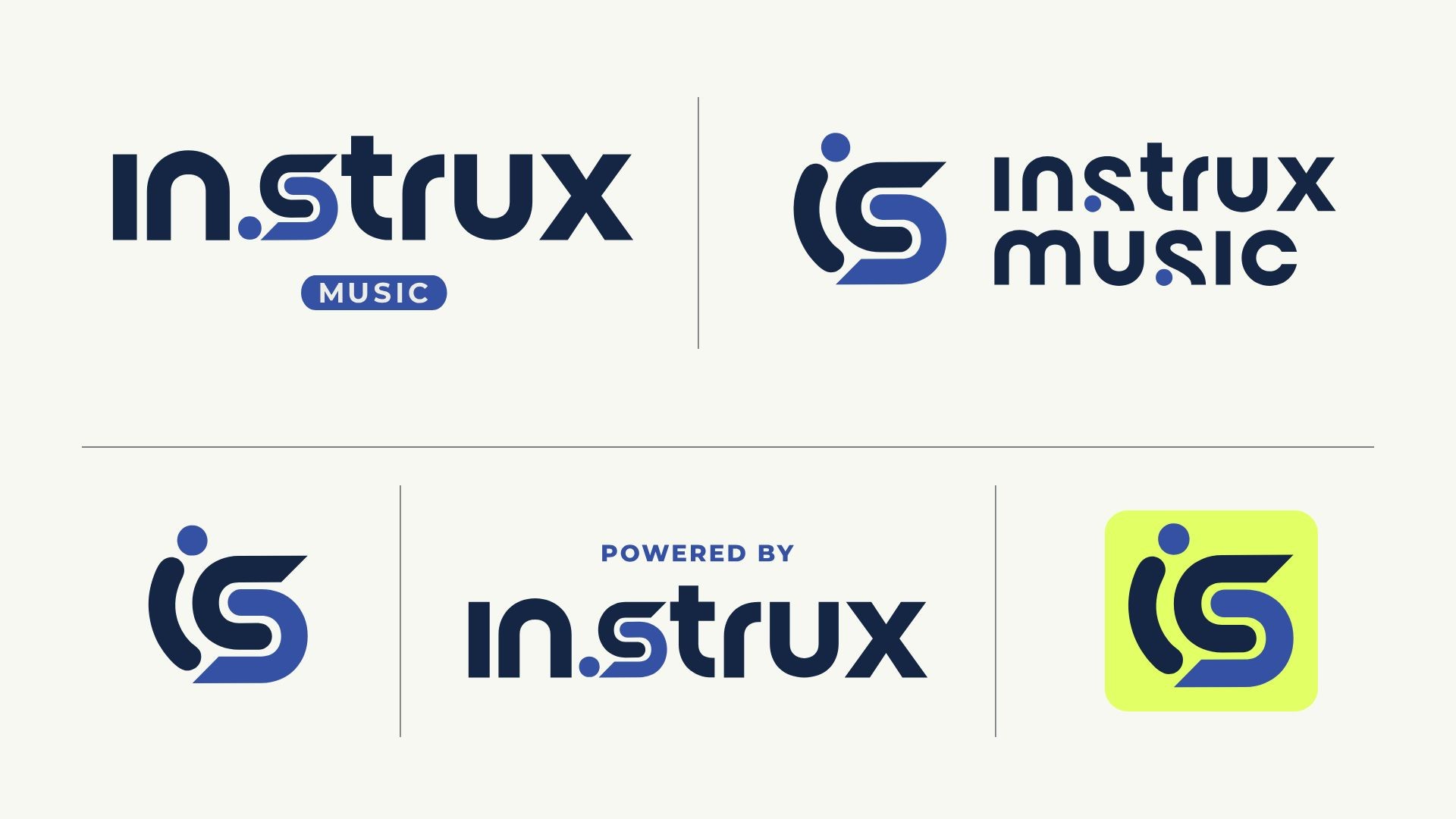 Instrux Music full logo suite showing primary wordmark, combination mark, standalone logomark, powered-by lockup, and app icon variations