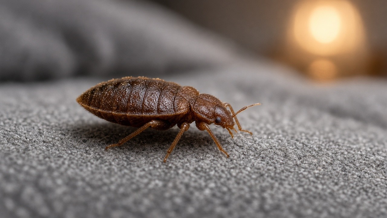 Bed bug on a soft grey blanket in warm lamplight, separating bed bug facts from myths in McKinney, TX