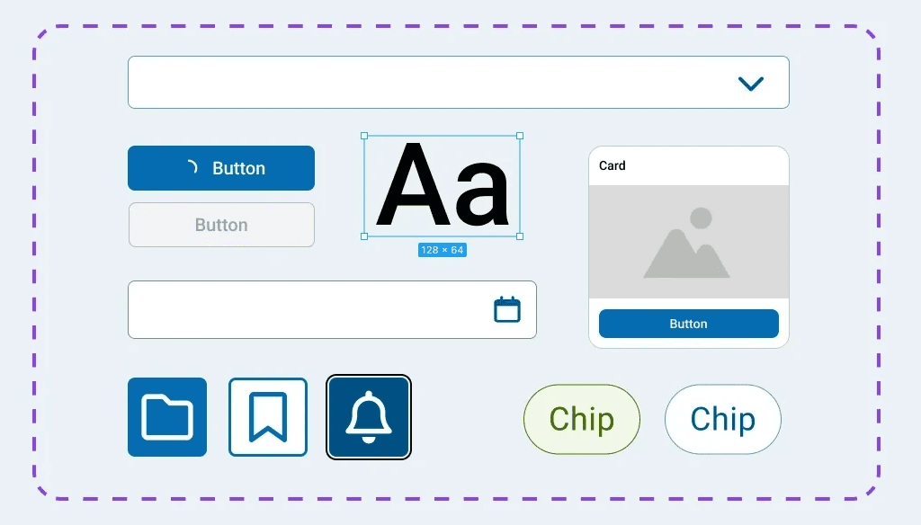 UI design panel displaying buttons, text, images, and chips