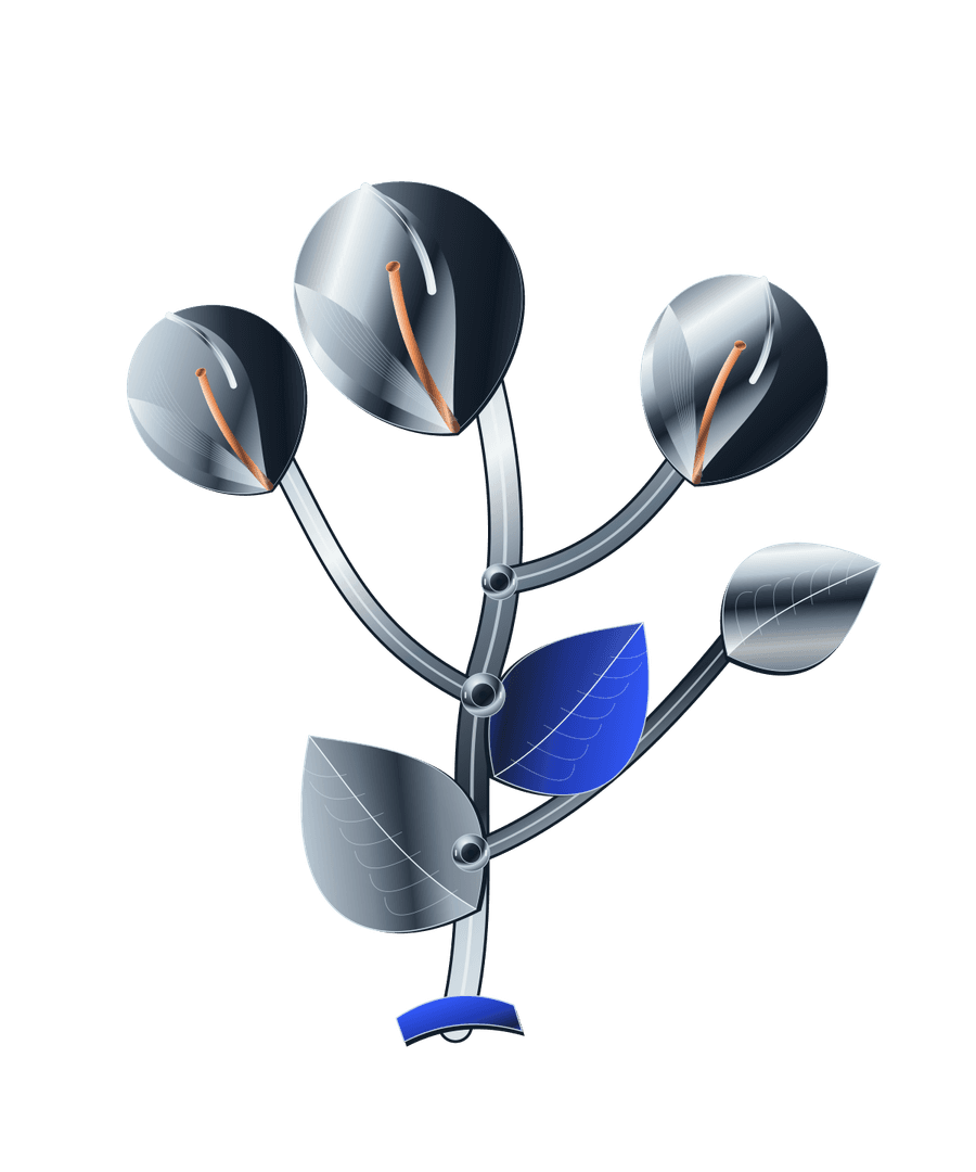 Branch Circuit. A curved alloy trunk with branching calla shells and a cobalt leaf inset.