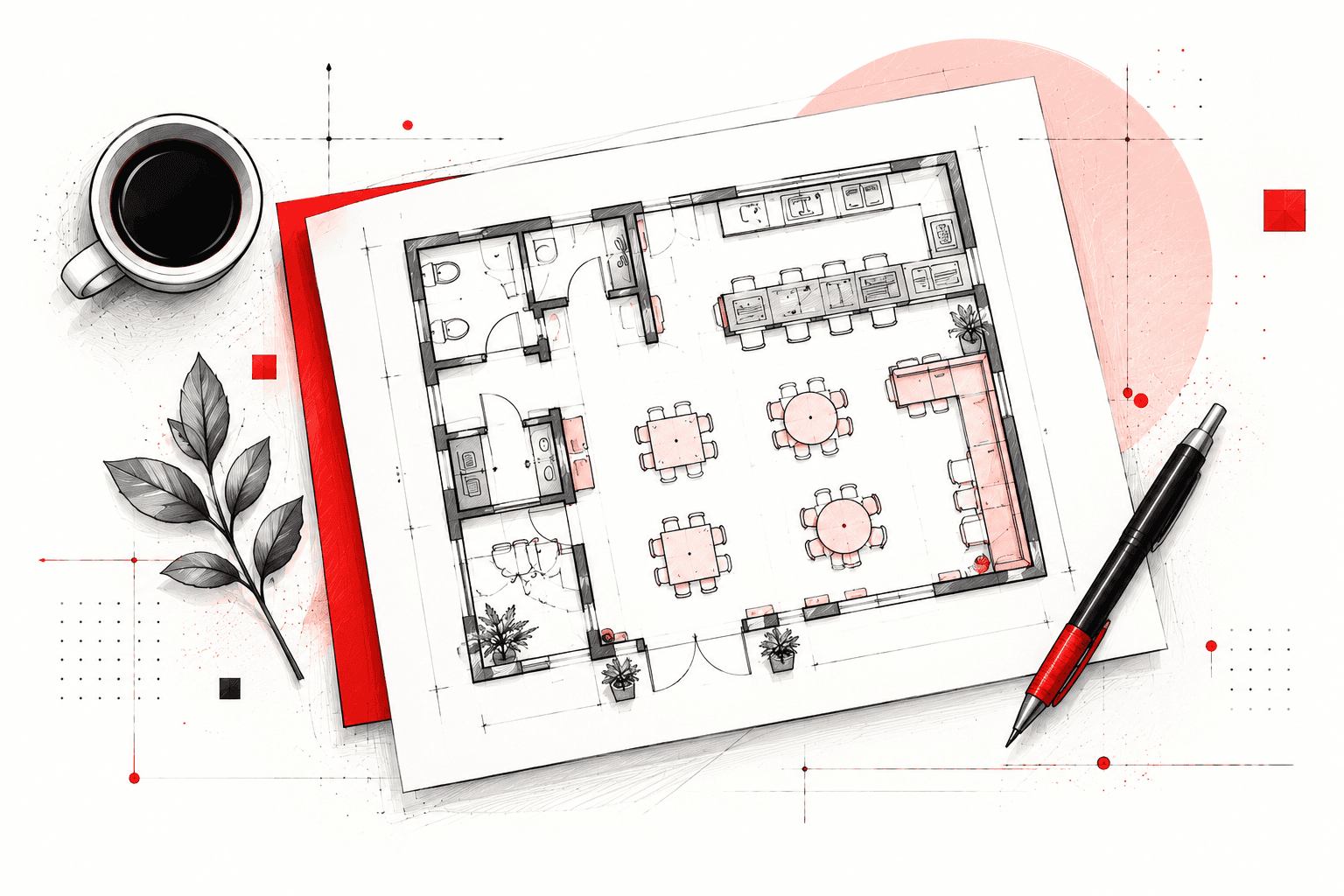 Restoran iş planı hazırlama sürecini temsil eden restoran yerleşim planı ve planlama detayları.