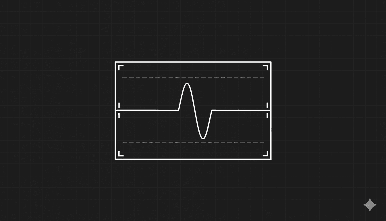 Abstract waveform graph inside a bordered panel on a dark background, with dashed horizontal threshold lines and vertical measurement markers, representing evaluation score thresholds