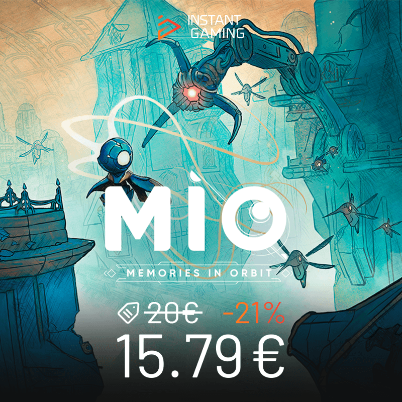 Jaquette Mio Memories in Orbit sur PC Steam, personnage androïde évoluant dans un monde futuriste en ruines, jeu d’action plateforme narratif à direction artistique stylisée