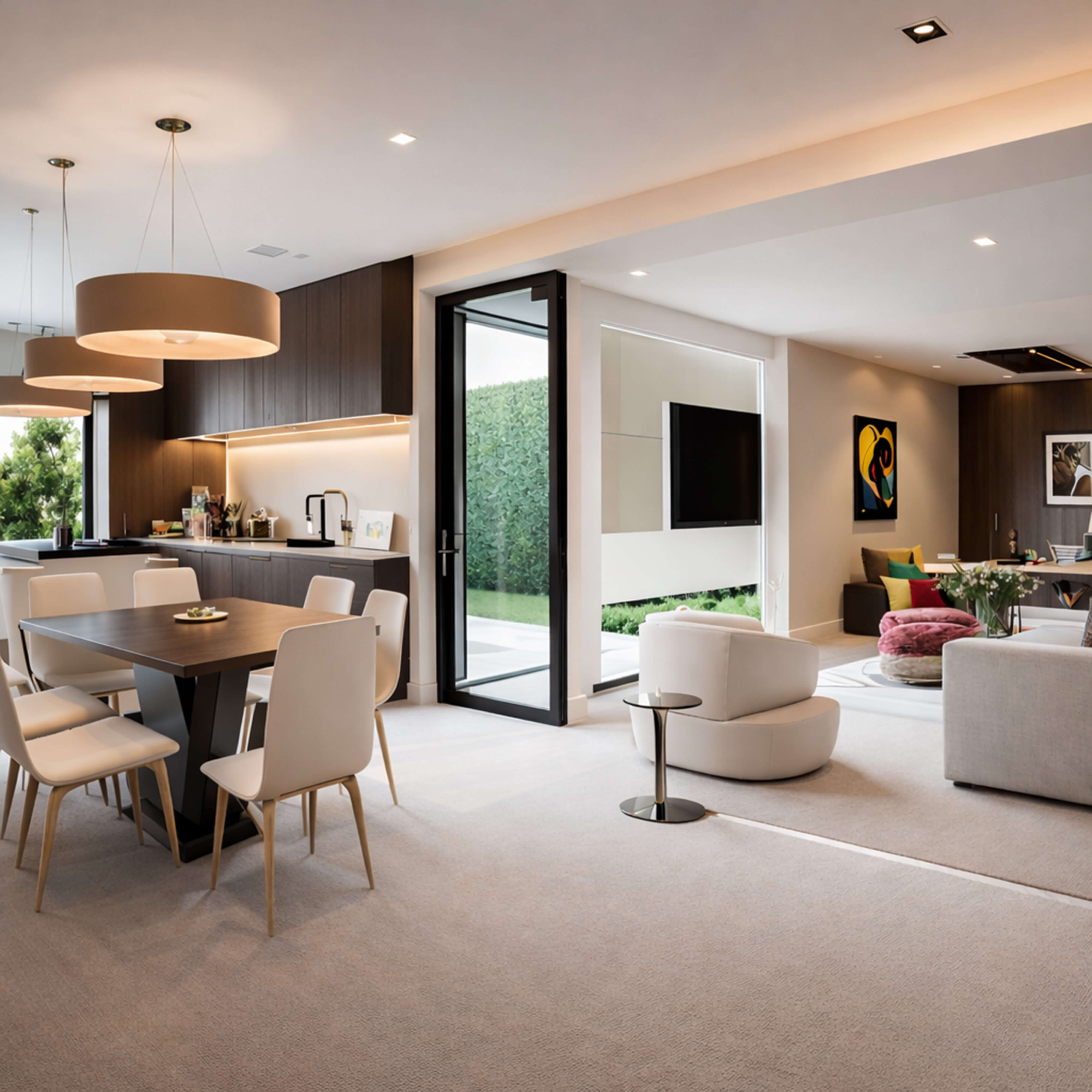Multifunctional living space combining dining, seating, and entertainment areas in a modern interior.
