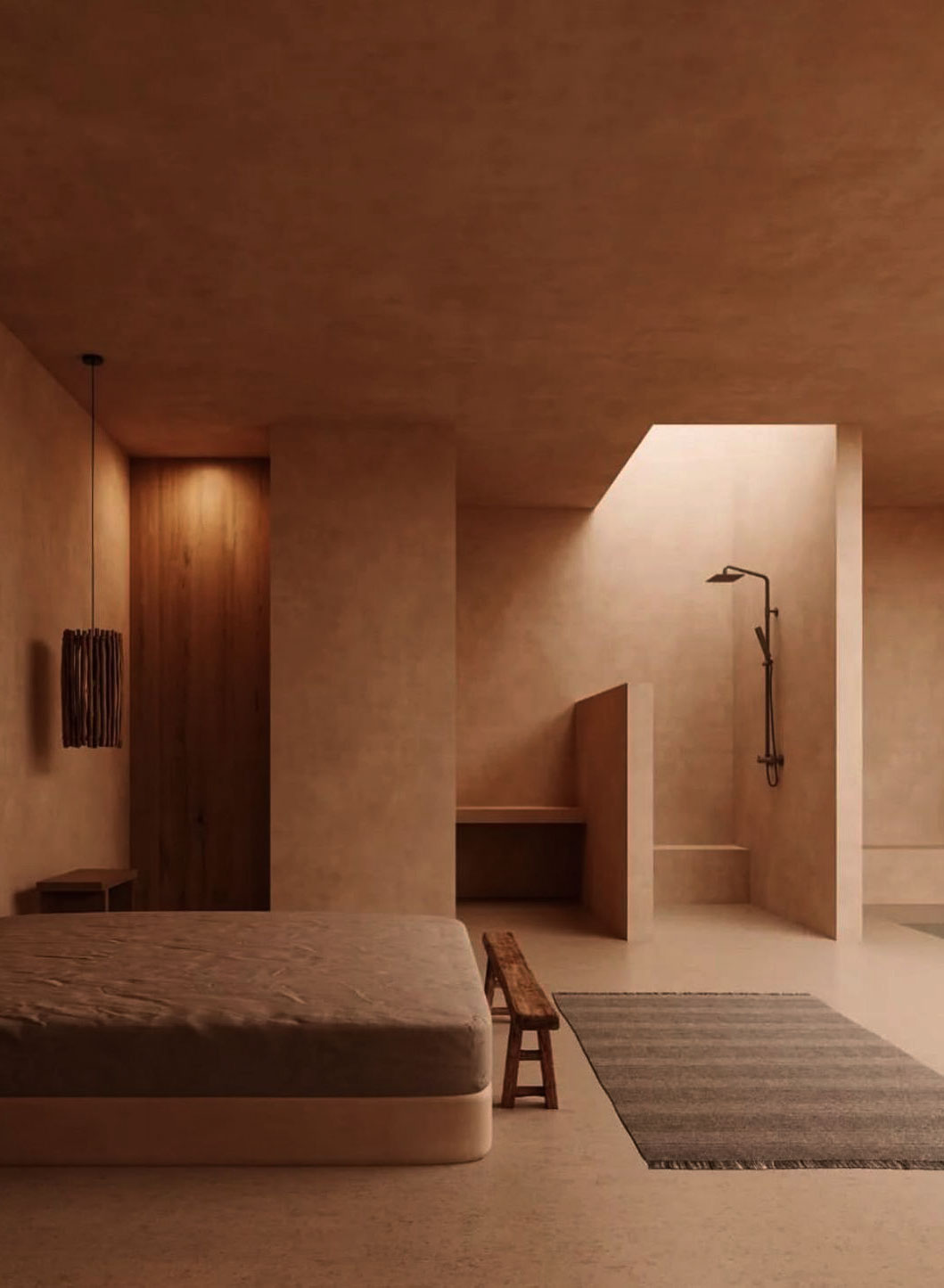 Minimalist beige bedroom with an open shower area, low platform bed, wooden bench, and soft natural lighting.