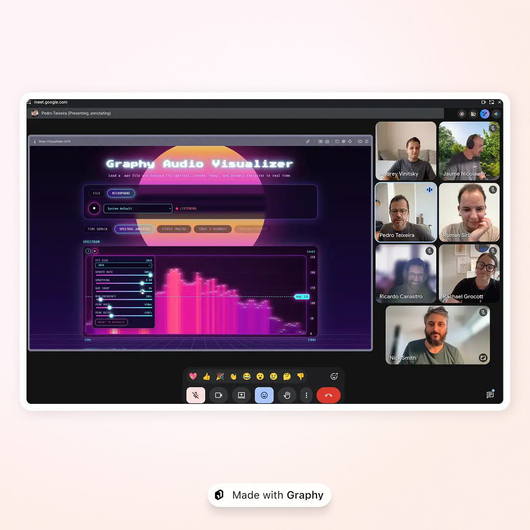 Pedro presenting the neon Graphy Audio Visualizer during the hackathon