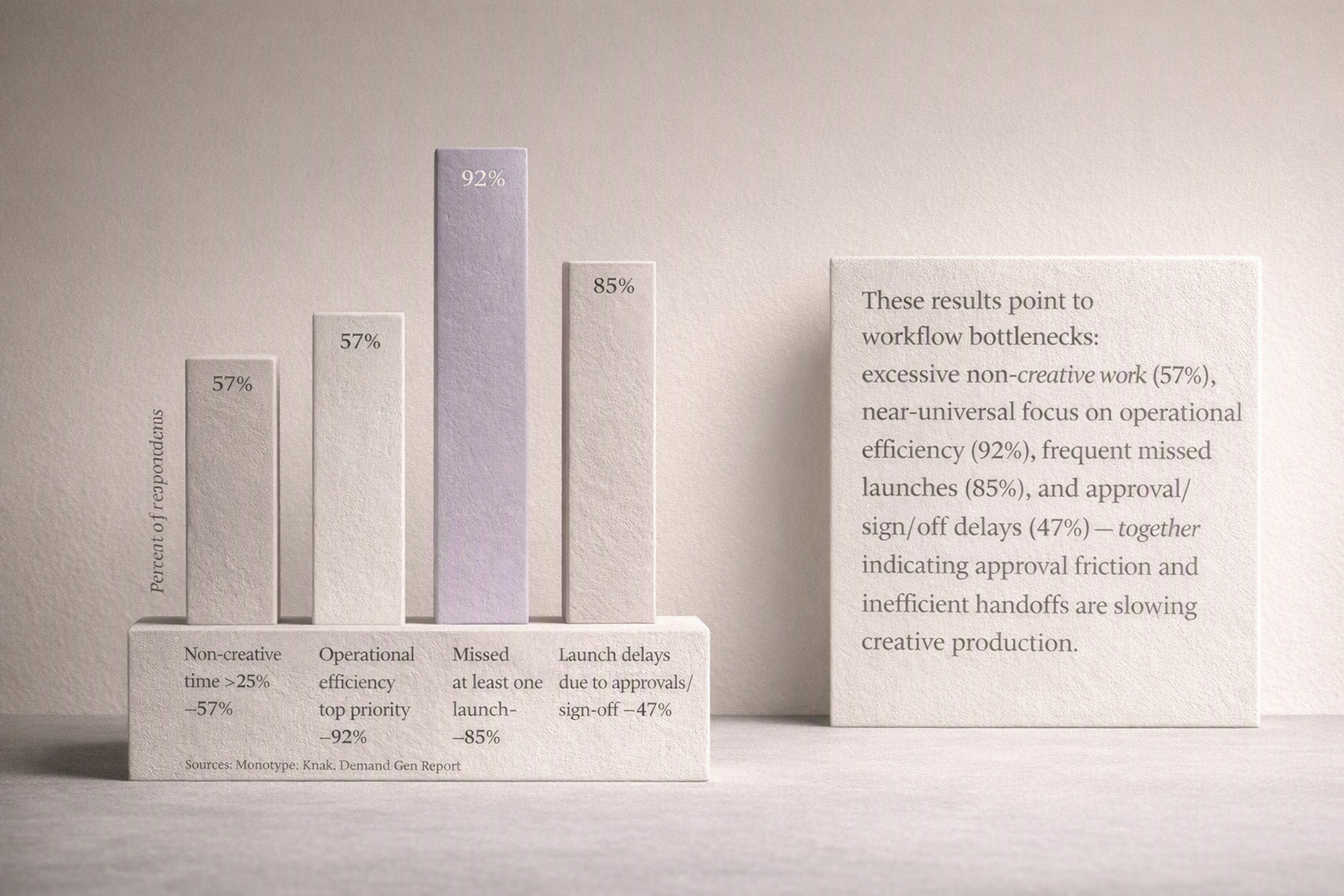 Infographic showing workflow bottlenecks in creative and marketing teams with key statistics