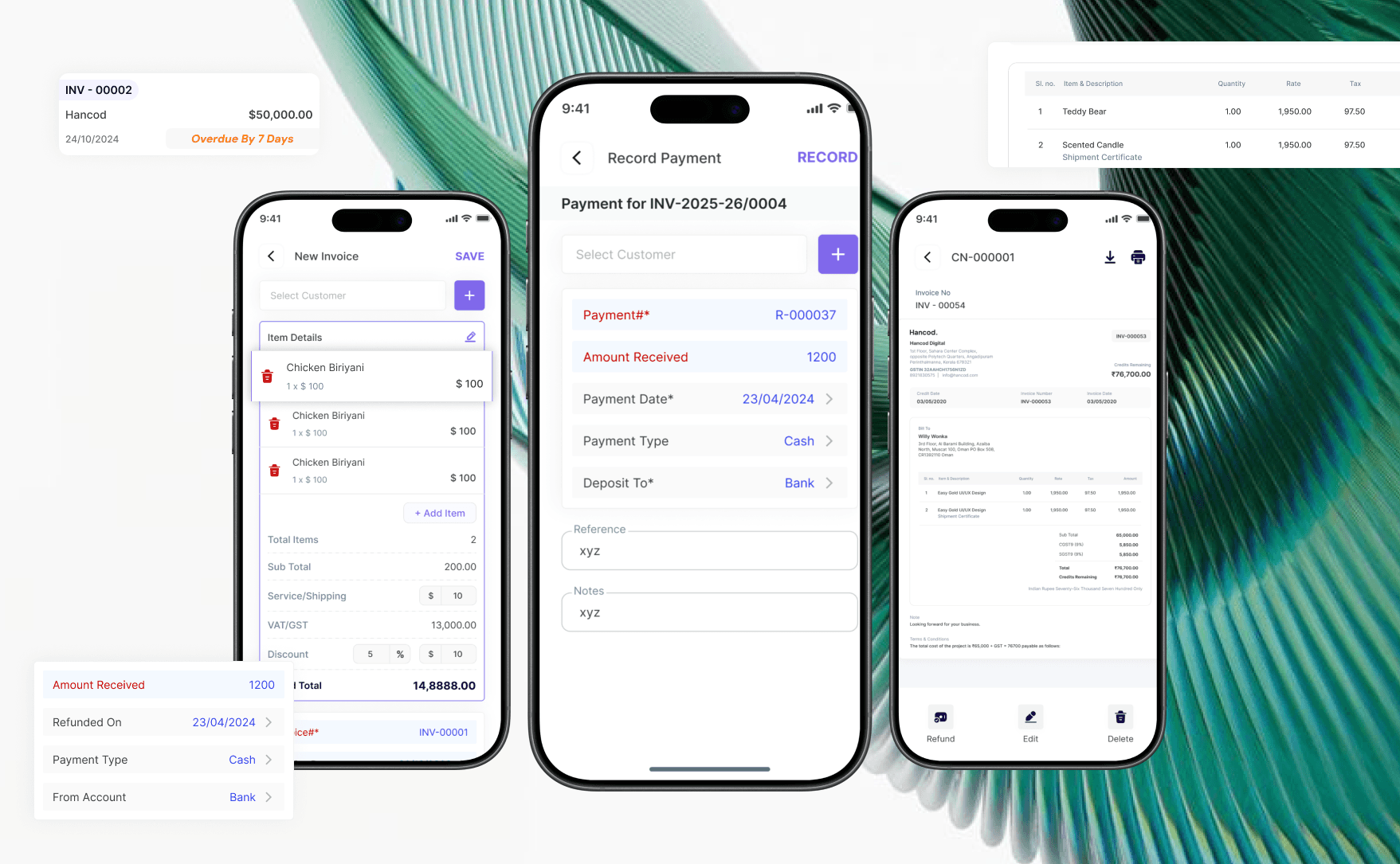 Business dashboard showing mobile ERP invoicing, payment recording, billing management, and digital invoice tracking interface.